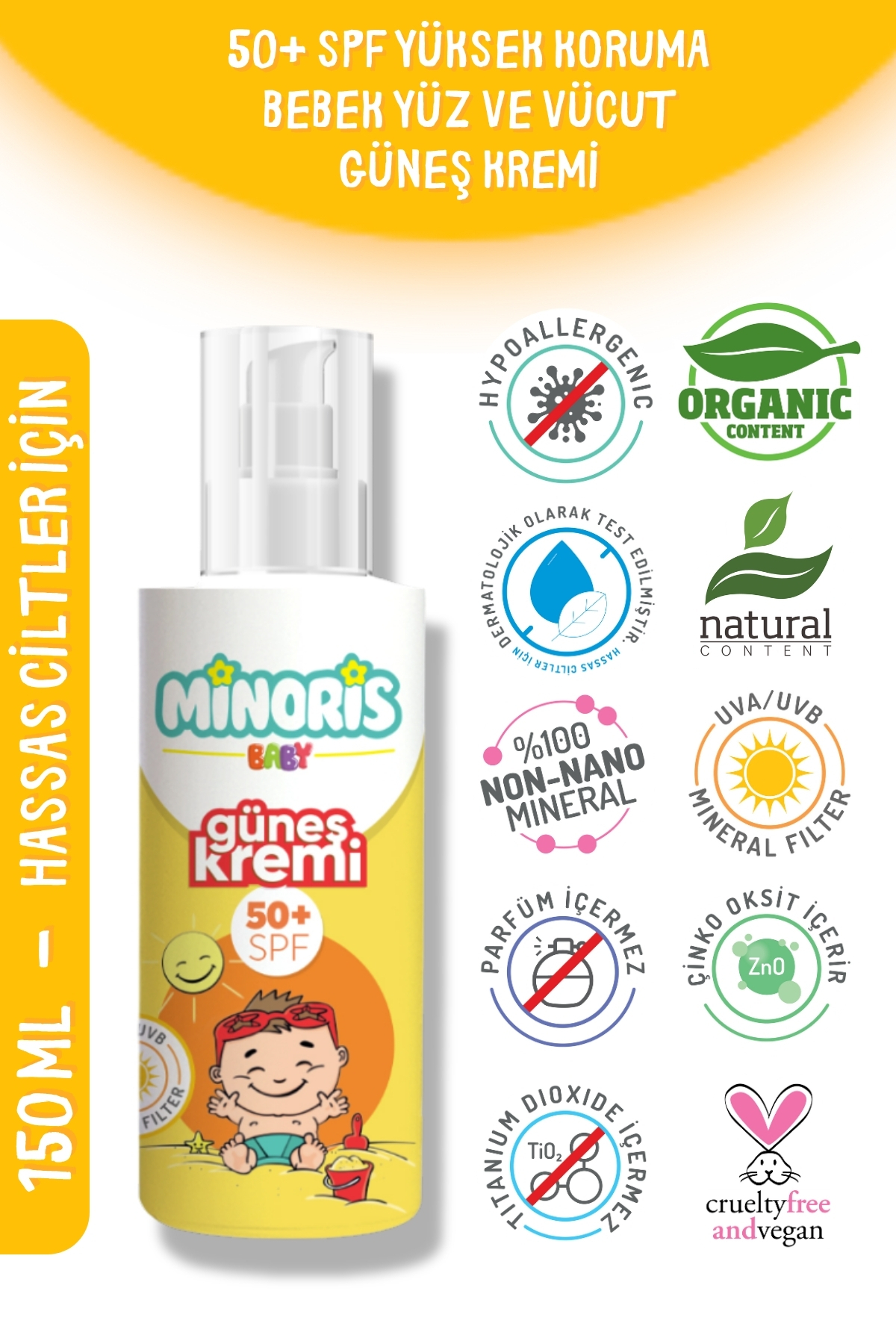 Minoris کرم ضد آفتاب آلی بچه ها با SPF 50+ و روغن رز و آلوئه ورا