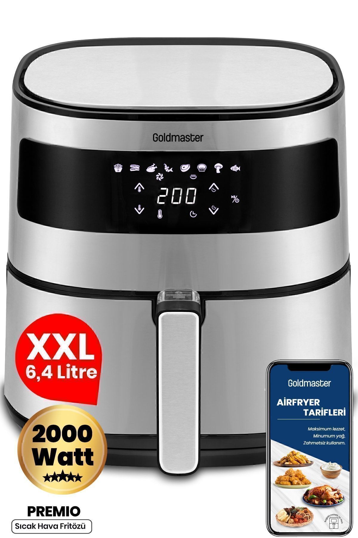 سرخ کن هوای داغ بدون روغن 6.4 لیتری INOX WIDE XXL TOUCH PREMIO 2000 WATT اورجینال GoldMaster