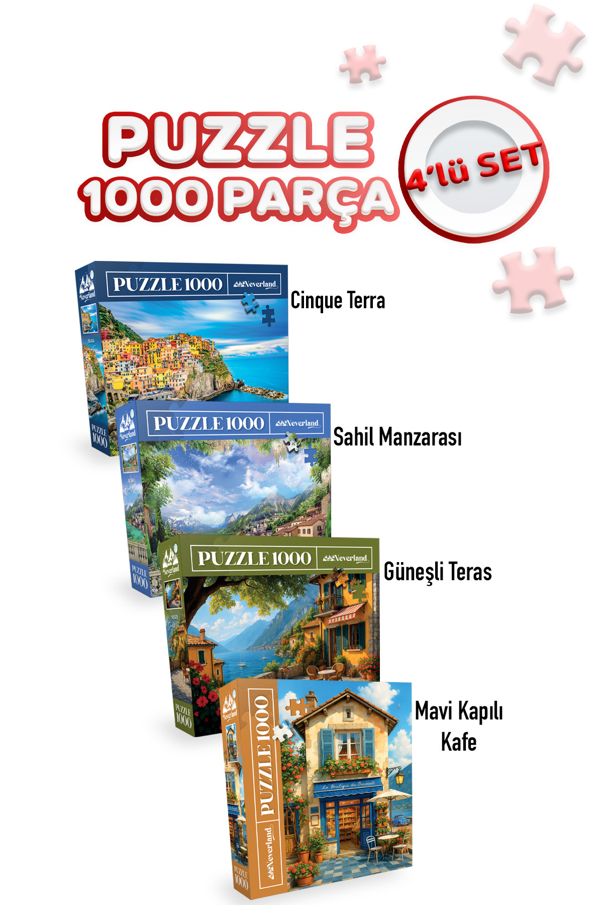 پازل 4 تکه 1000 CINQUE TERRE و منظره ساحل کافه با درهای آبی تراس آفتابگیر Neverland
