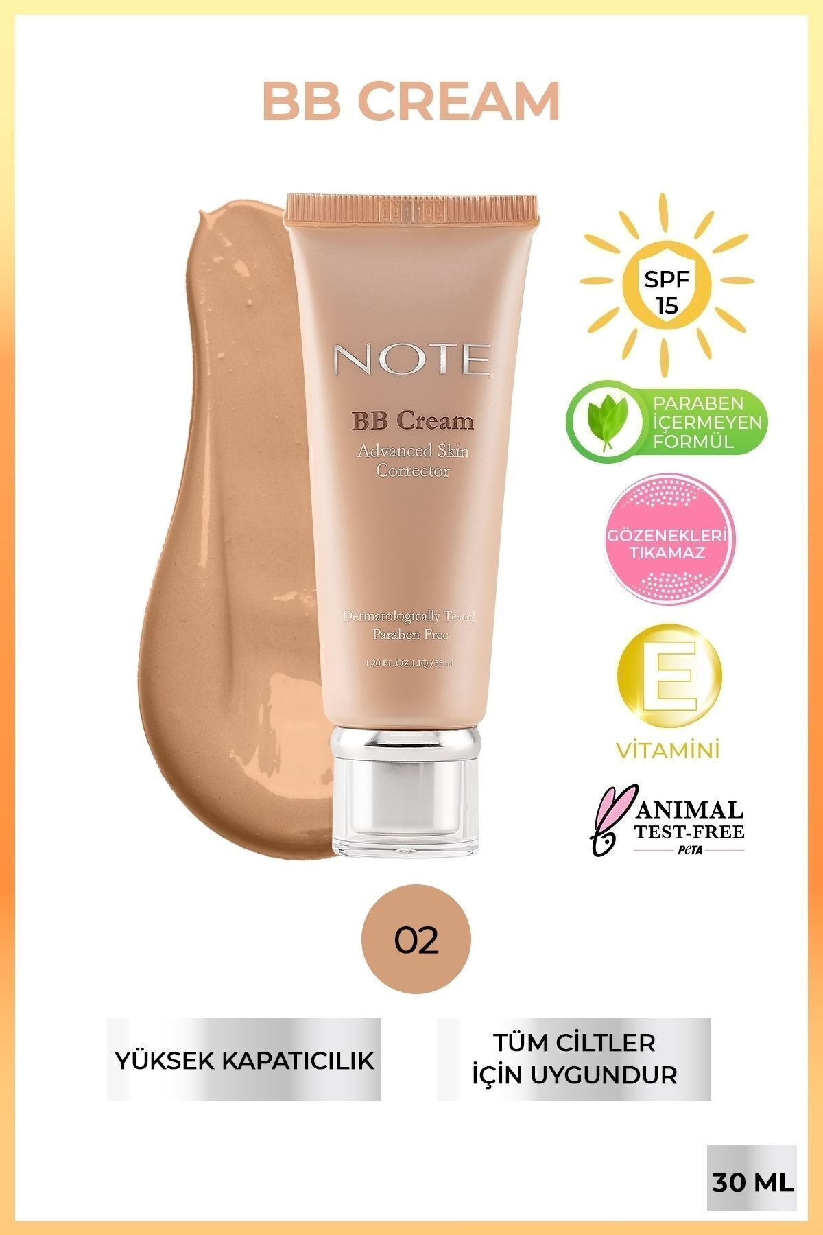کرم بی و سی BB CREAM SPF 15 کانسیلر شدید با اثر مرطوب کننده 02 MEDIUM تیره Note Cosmetics