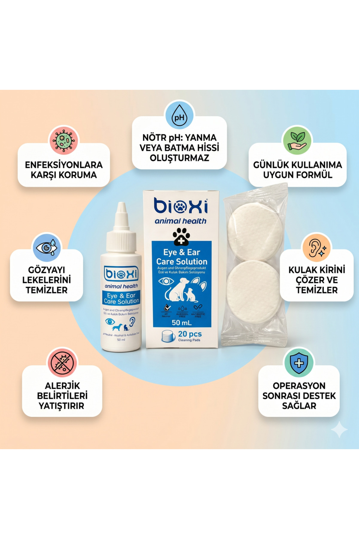 دستمال مراقبت از چشم و گوش حیوانات بیوکسی Bioxi، ۲۰ عددی، ۵۰ میلی‌لیتر
