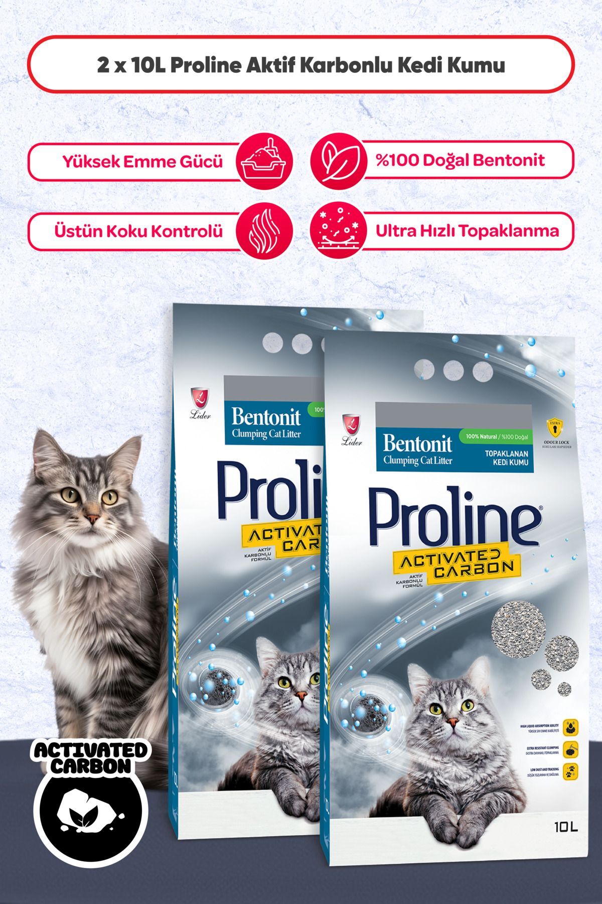 خاک گربه گلوله‌شونده کربن فعال پرولاین Proline، ۲ بسته ۱۰ لیتری همراه بیلچه