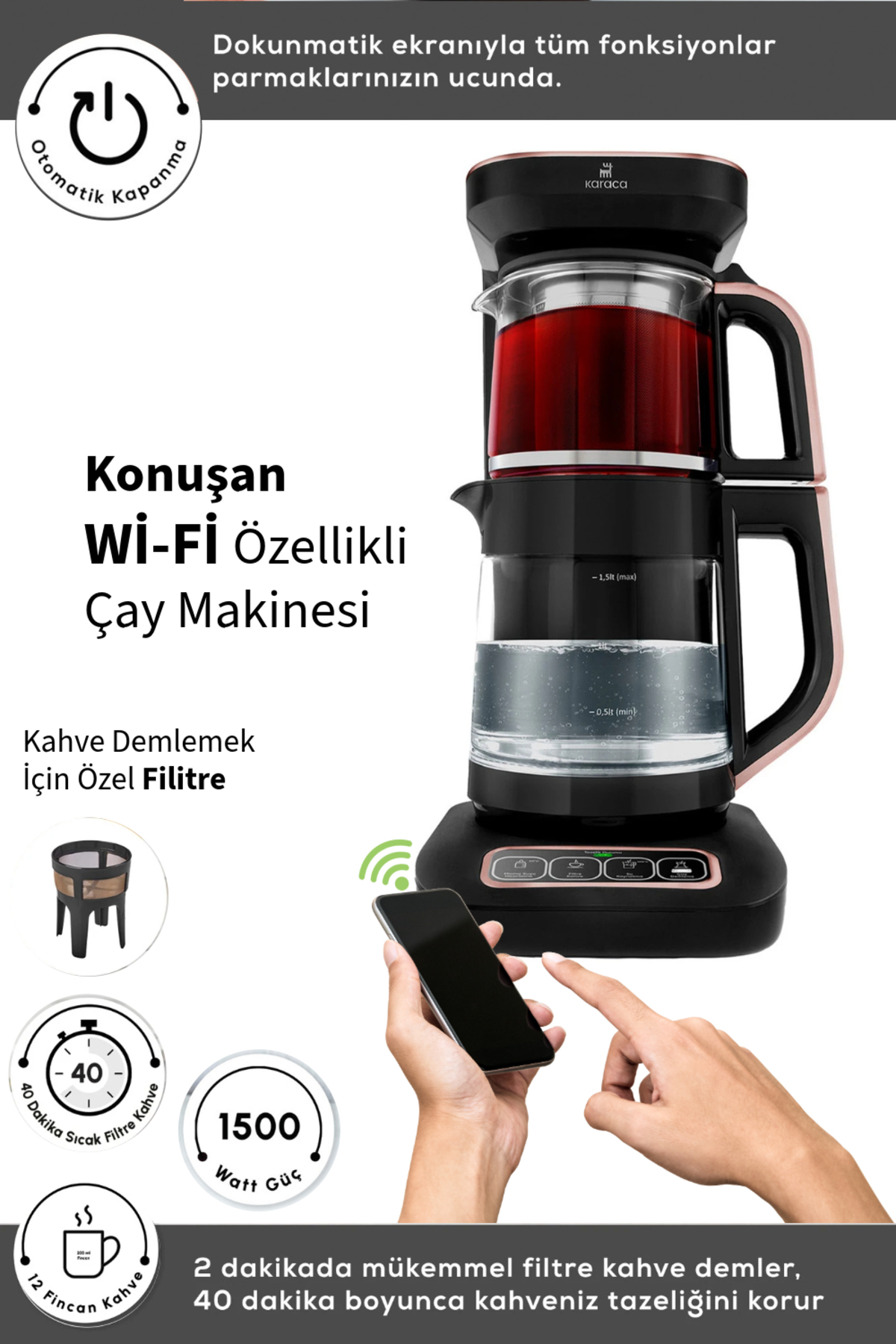 چای ساز اتصال وای فای دستگاه خوری شیشه ای سخنگو ROBOTEA CONNECT 4 در 1 سازگار با IOS ANDROID اورجینال Karaca