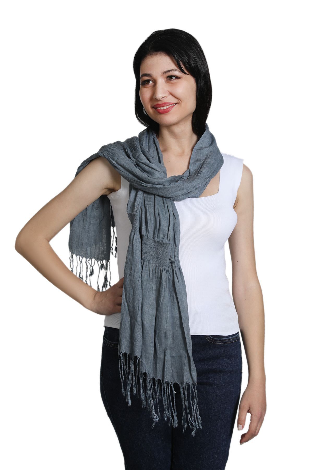شال زنانه میستیک Mystic مدل MS-240، خاکستری زغالی، کتان و پنبه