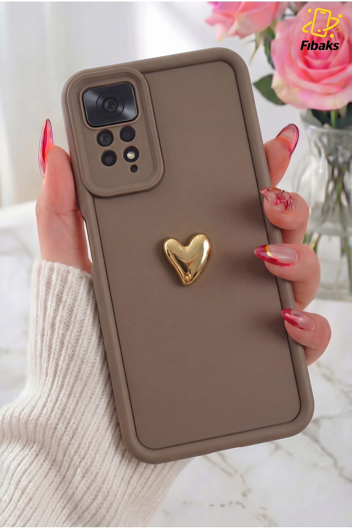 کاور و قاب محافظ دوربین طرح دار قهوه ای قلب سه بعدی شیائومی REDMI NOTE 11 PRO &amp; 12 4G فیبکس Fibaks