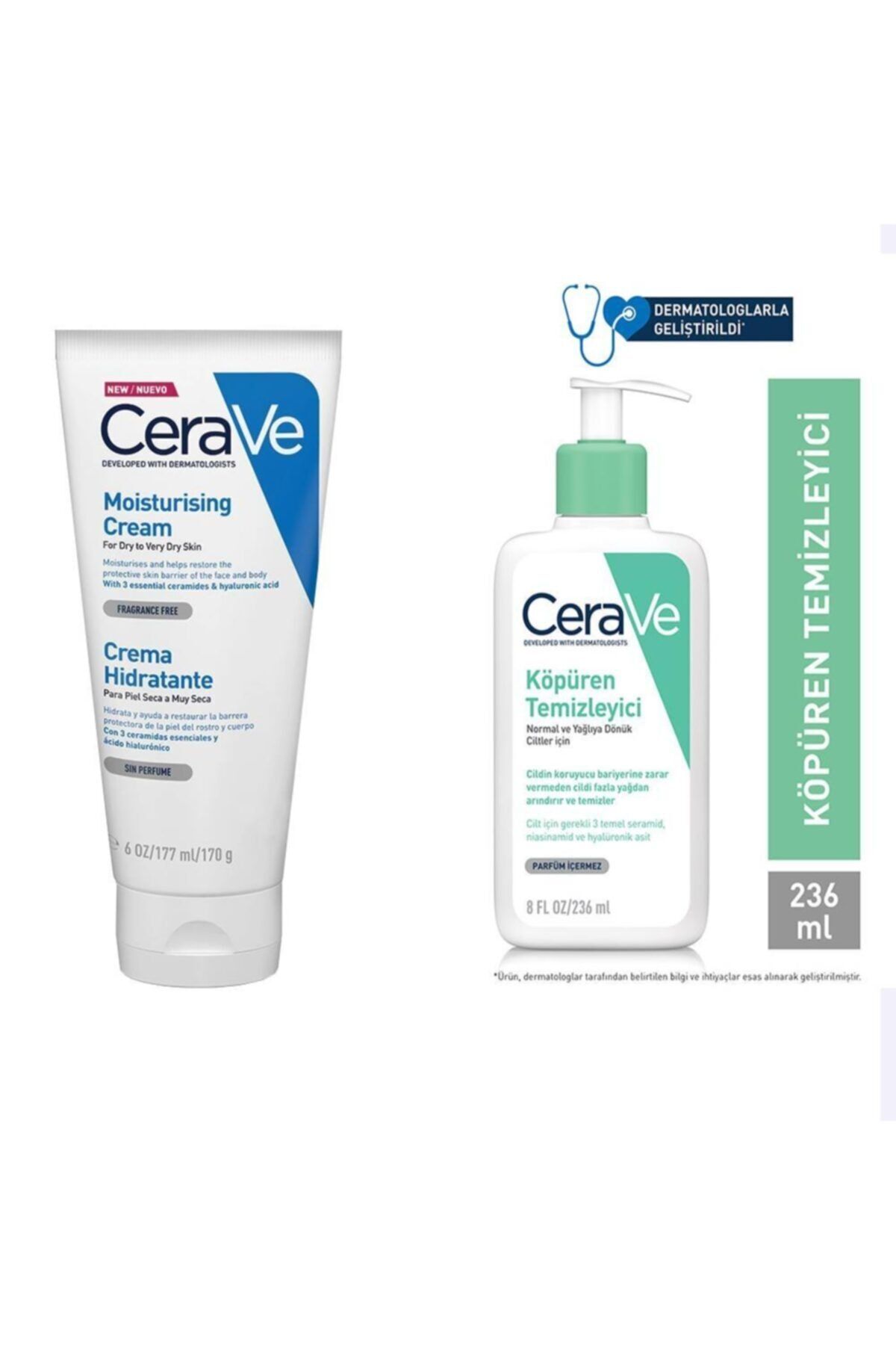 CeraVe پاک کننده فومی با روغن تمیز کننده و پوست مختلط 236 میلی لیتر + کرم مرطوب کننده 177 میلی لیتر YU