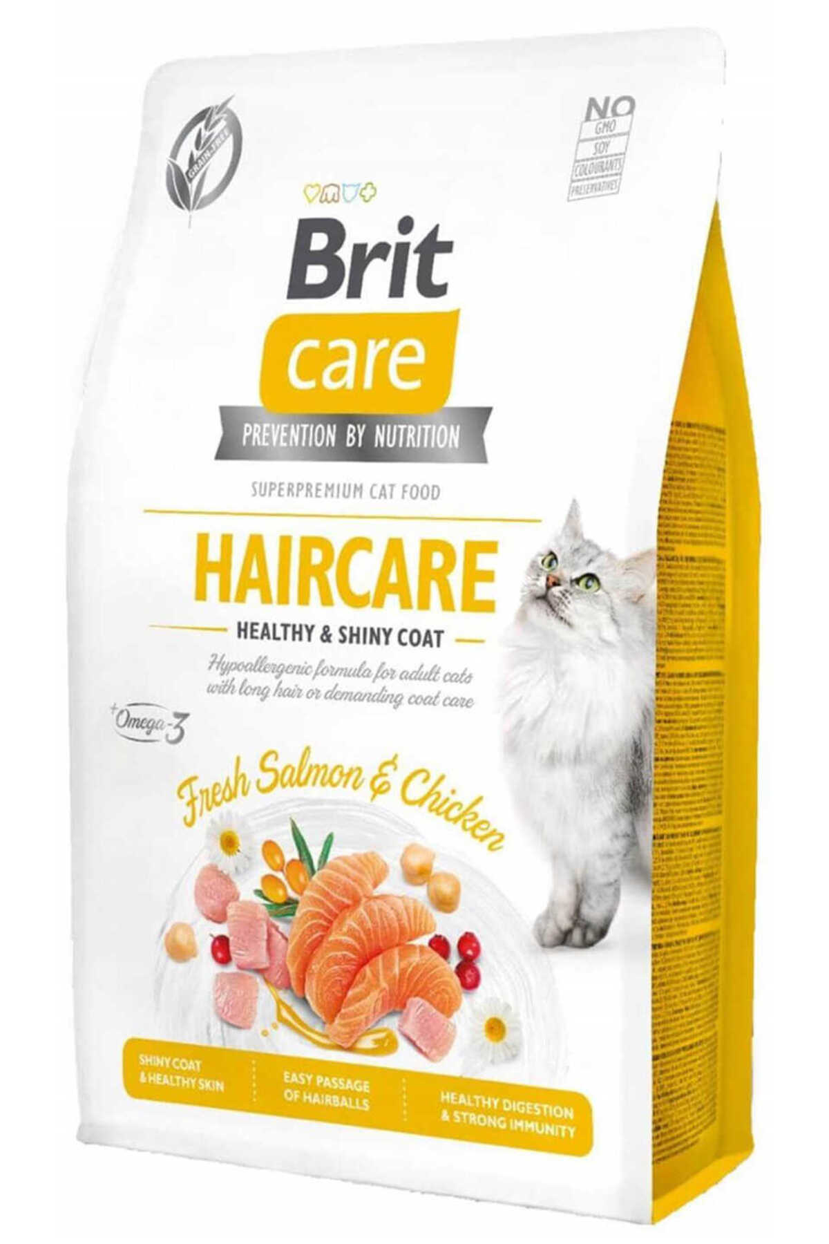 غذای خشک گربه بالغ بریت Brit Care Haircare بدون غلات، مرغ و سالمون، ۲ کیلوگرم