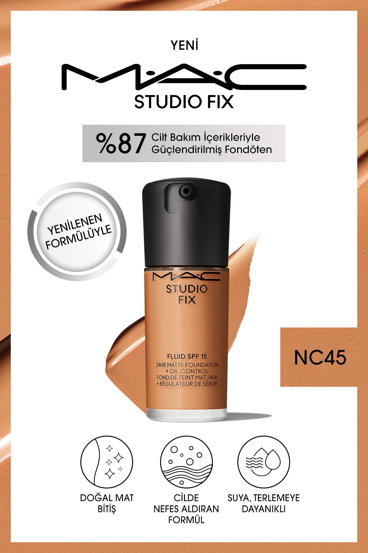 کرم پودر بنیاد دائمی مت تا 24 ساعت استودیو رفع سیال SPF15 رنگ: NC45 30ML Mac