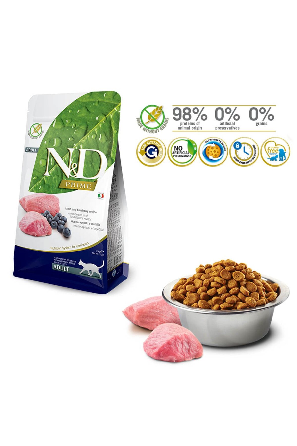 غذای خشک گربه بالغ ان‌دی N&D Prime، بدون غلات با طعم بره و بلوبری، ۵ کیلوگرم
