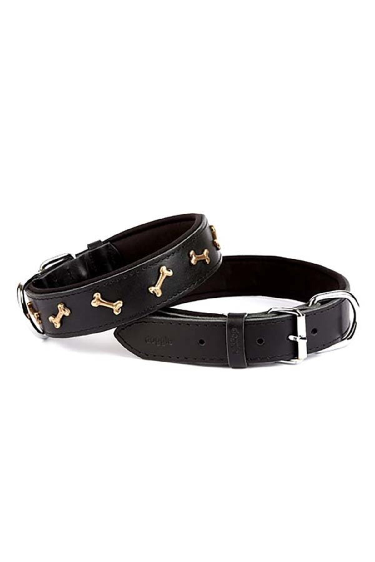 قلاده گردنی سگ داگی Doggie Comfort چرمی با تزیین استخوان، مشکی، سایز Medium، ۴×۵۲–۶۰ سانتی‌متر