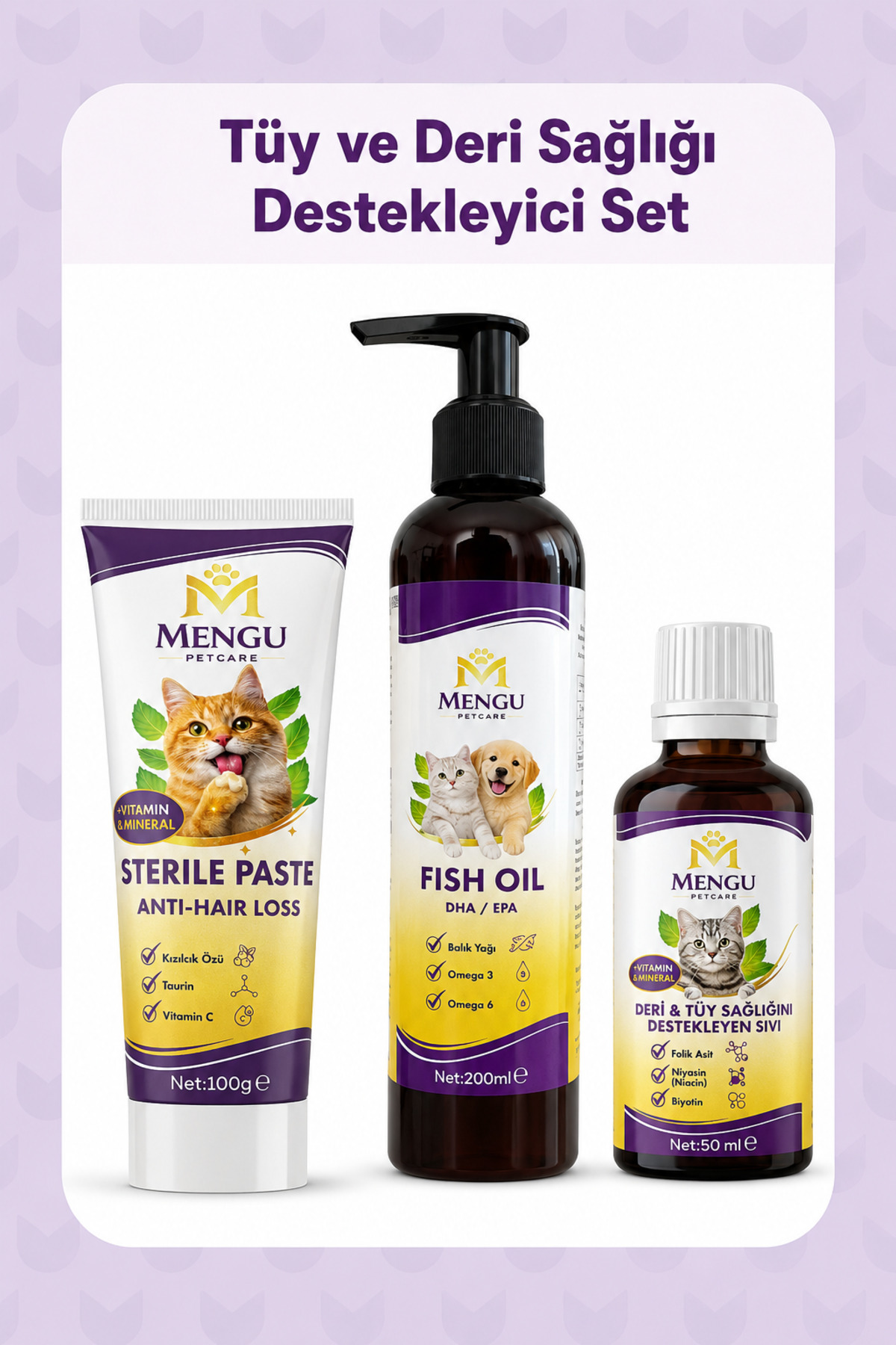 ست پشتیبان ریزش موی گربه منگو پت‌کر Mengu Petcare، روغن ماهی، خمیر مالت و قطره B Complex