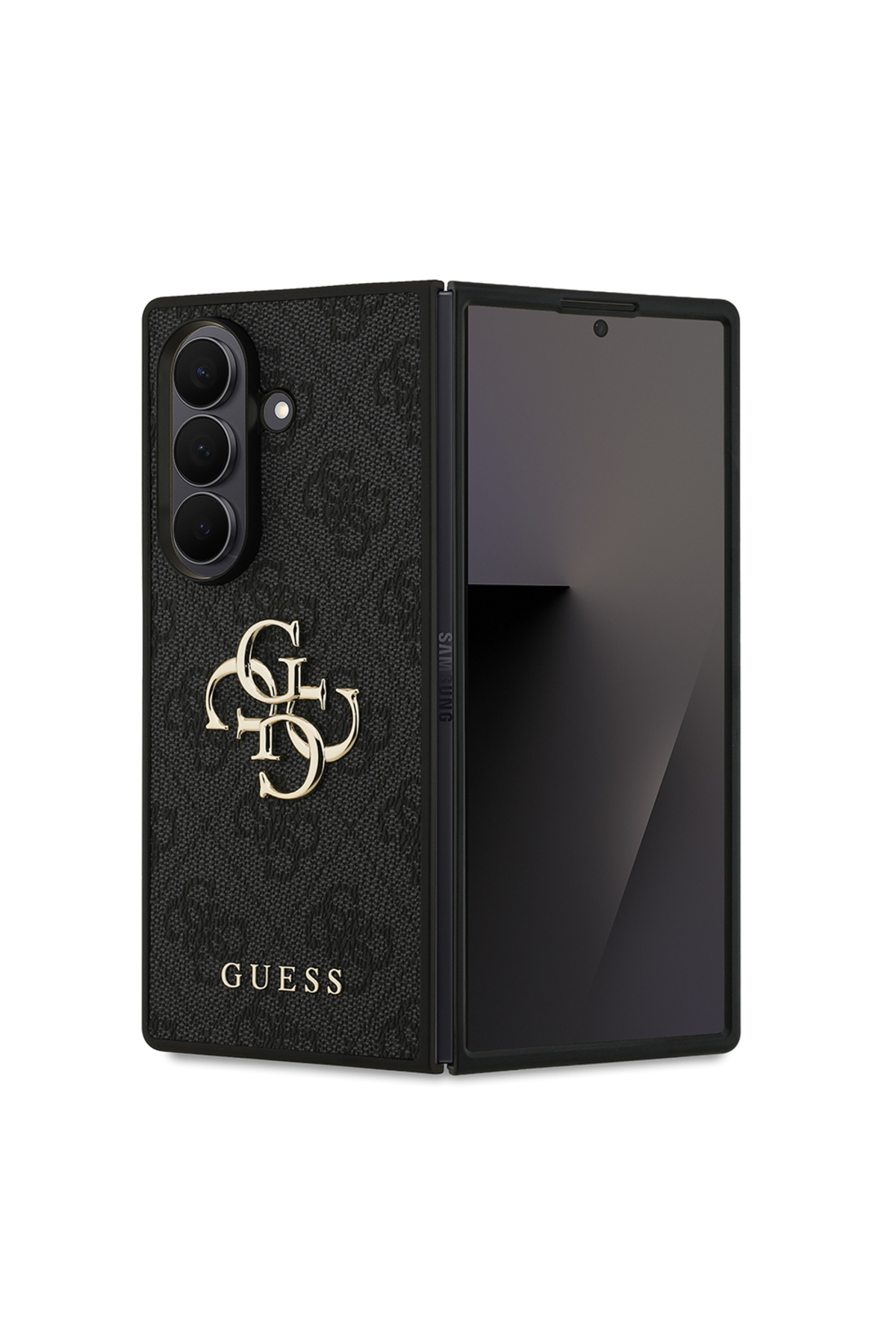 کاور و قاب سازگار با GALAXY Z FOLD 7 روکش چرمی PU دارای مجوز اصلی طراحی لوگوی فلزی بزرگ مشکی اورجینال Guess