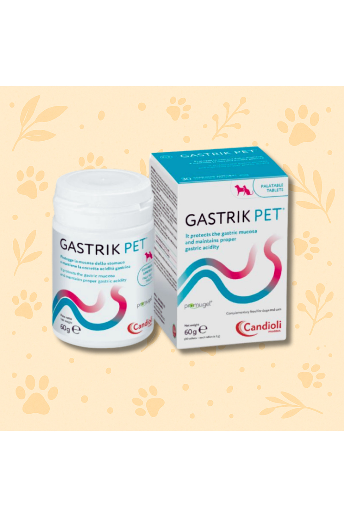 خوراک مکمل سگ و گربه Gastrik Pet کاندیولی candioli، ۳۰ قرص همراه محلول مراقبتی Veltrium