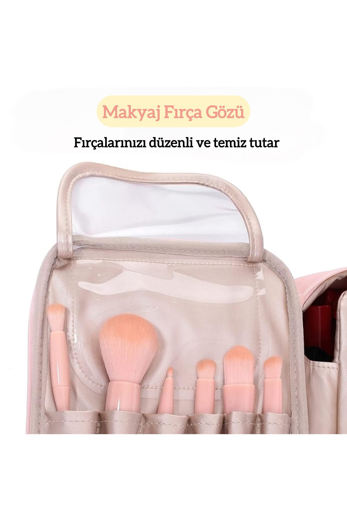 کیف لوازم آرایش مسافرتی دو در یک با جیب فرچه و دسته نگهدارنده رنگ صورتی Lazım Shop
