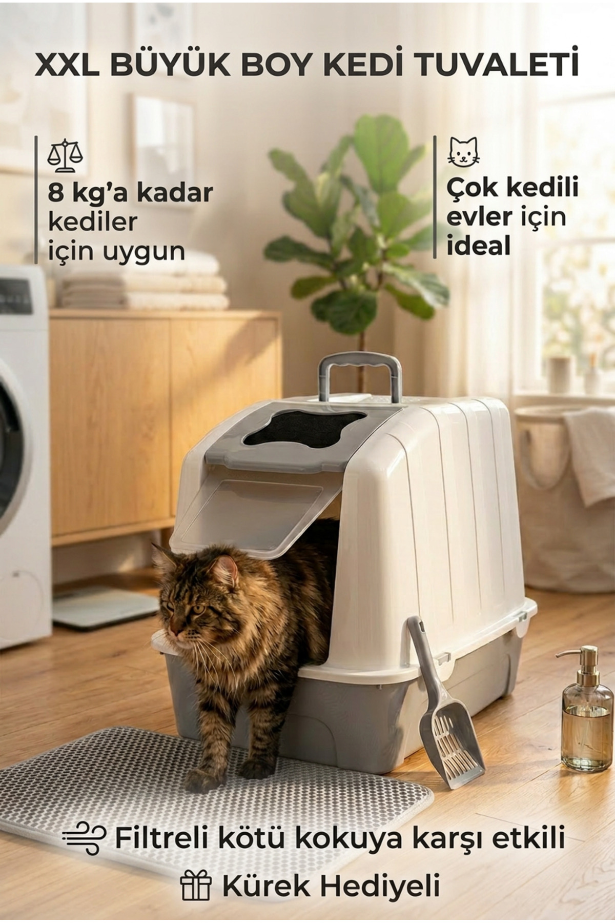 توالت سرپوشیده گربه کورتبای شکل Kurtbay Şekil، مدل VN11097، XXL با فیلتر و بیلچه، ۵۹×۴۱٫۵×۴۷٫۵ سانتی‌متر unisex خاکستری