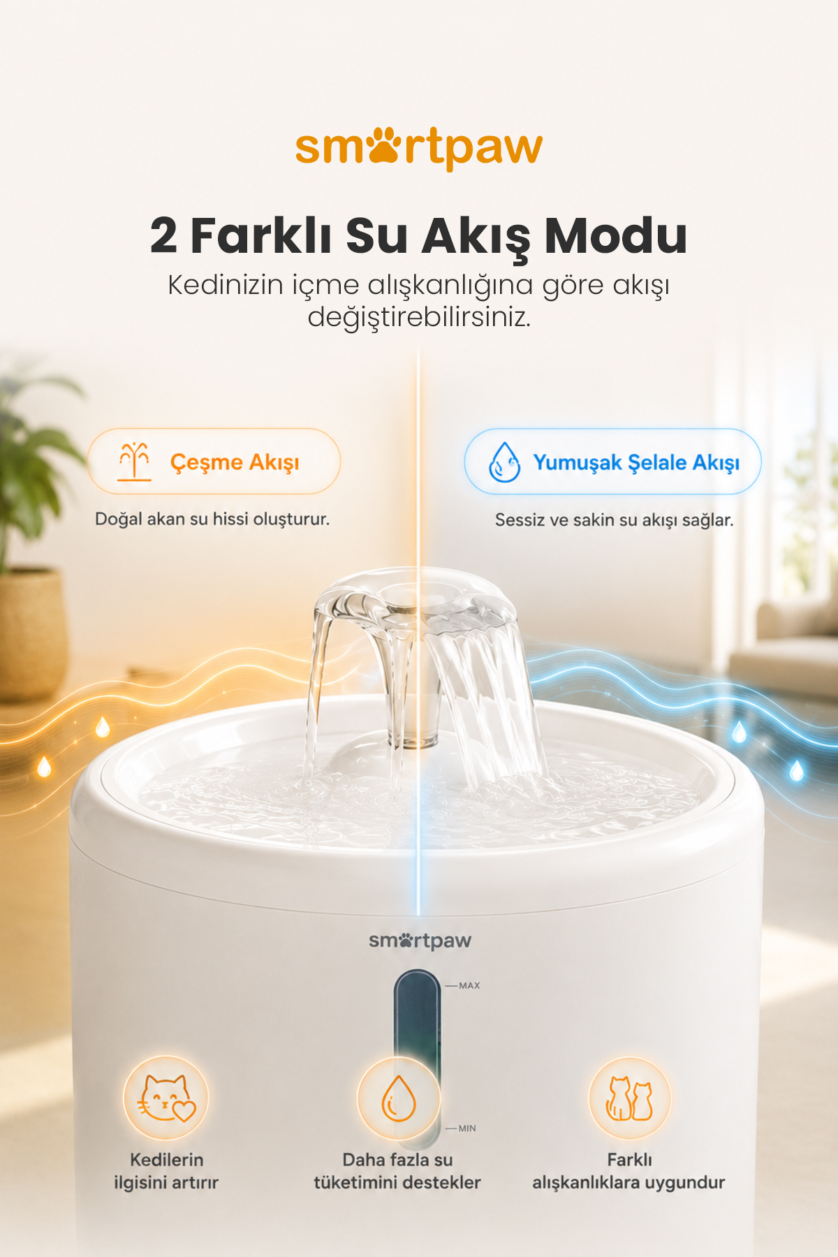 آب‌خوری فواره‌ای گربه اسمارت‌پا SMARTPAW، سری Aqua Core، ظرفیت ۲٫۵ لیتر و دو حالت جریان