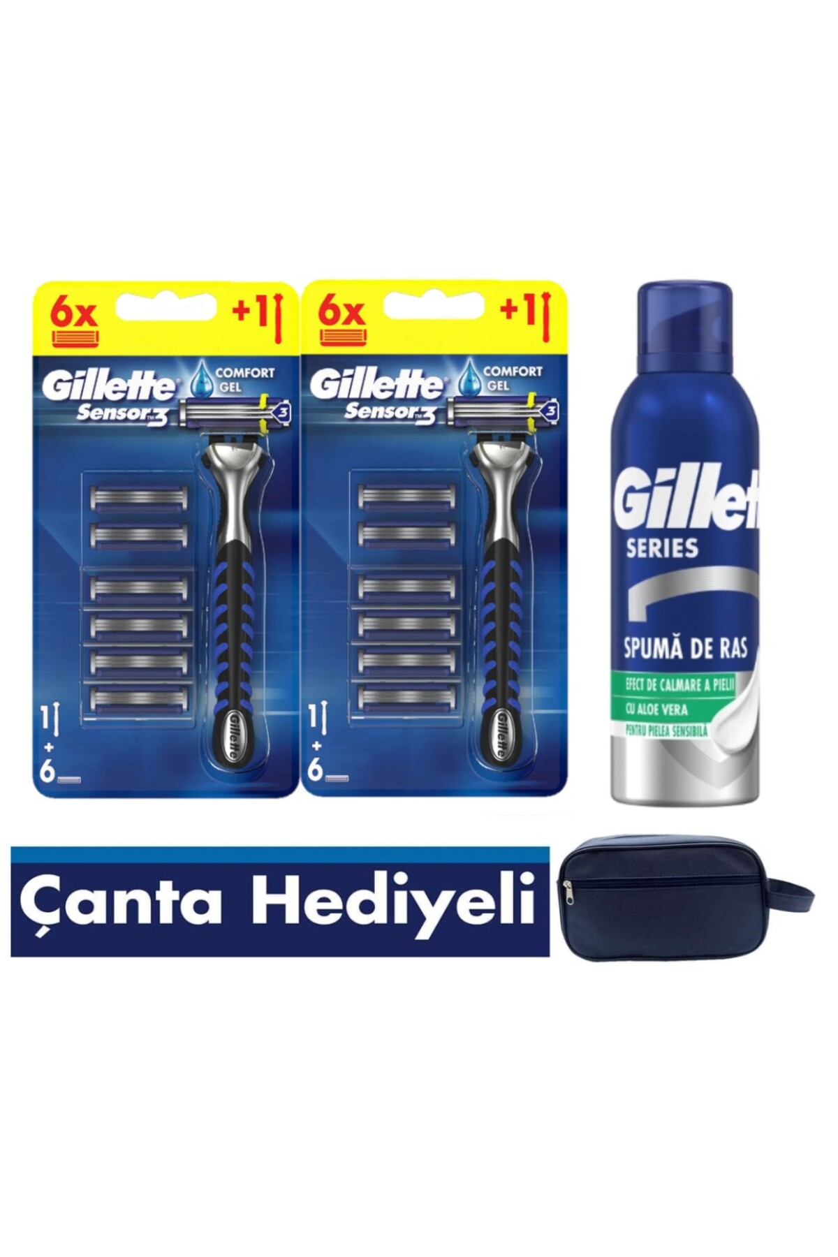 تیغ اصلاح SENSOR3 2 MACHINES 12 یدکی 200 میلی لیتری فوم آرامش بخش کیف مسافرتی وگان Gillette