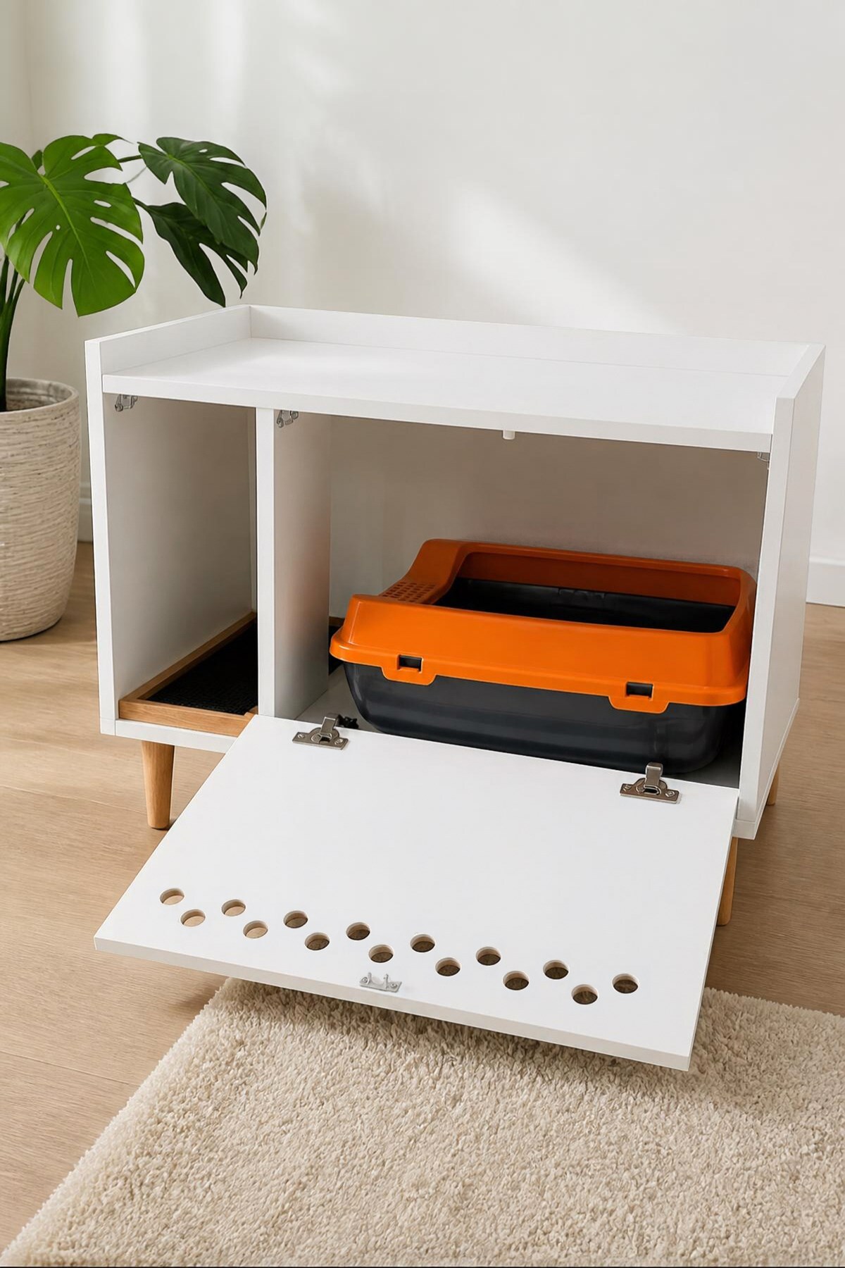 کابینت توالت گربه ریو Reyo مدل 80307، سفید و پایه‌دار از MDF