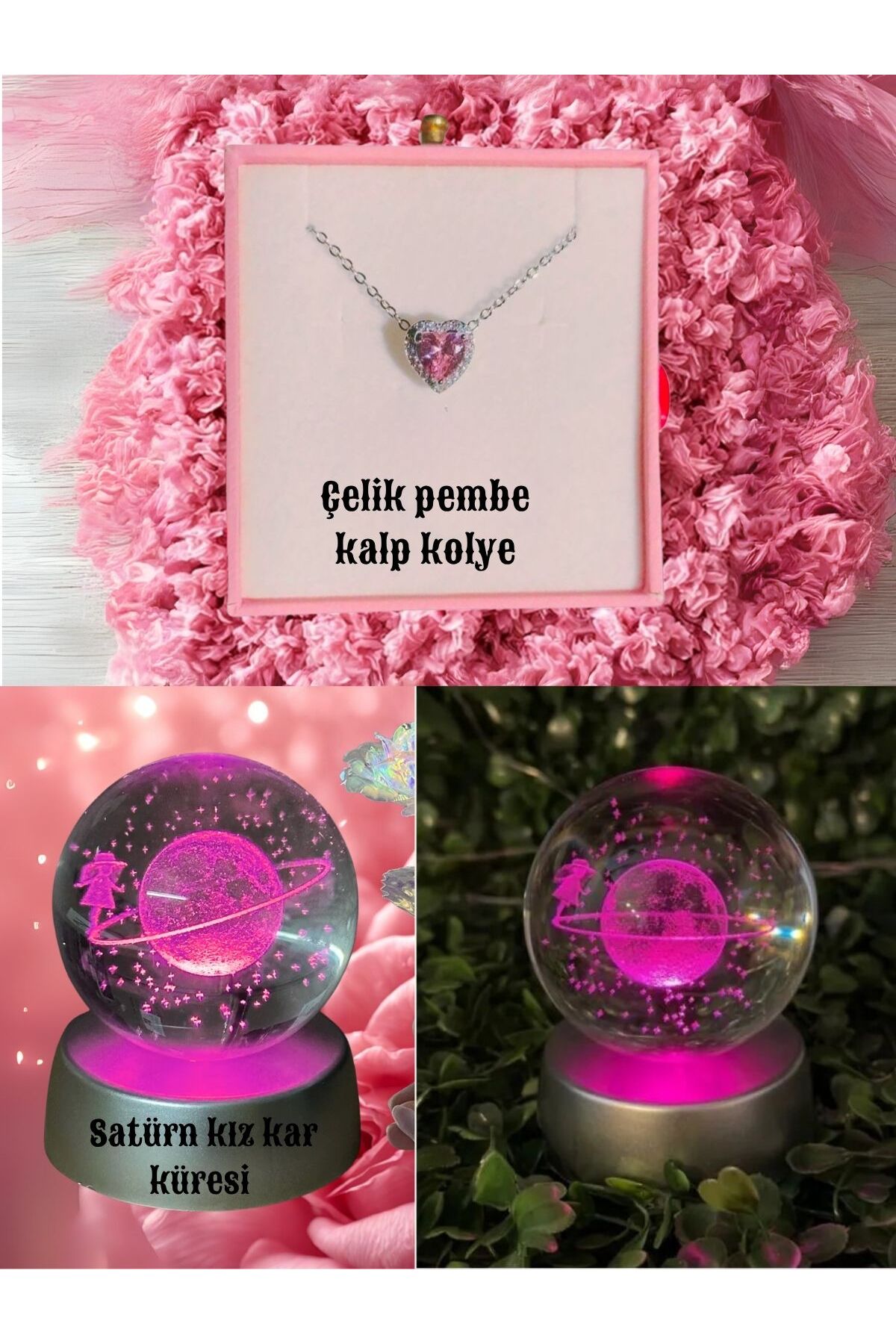 گوی برفی تولد آموزگاران گلوب و گردنبند قلب صورتی استیل دختر زحل تغییر رنگ از ترکیه Perry Accesories