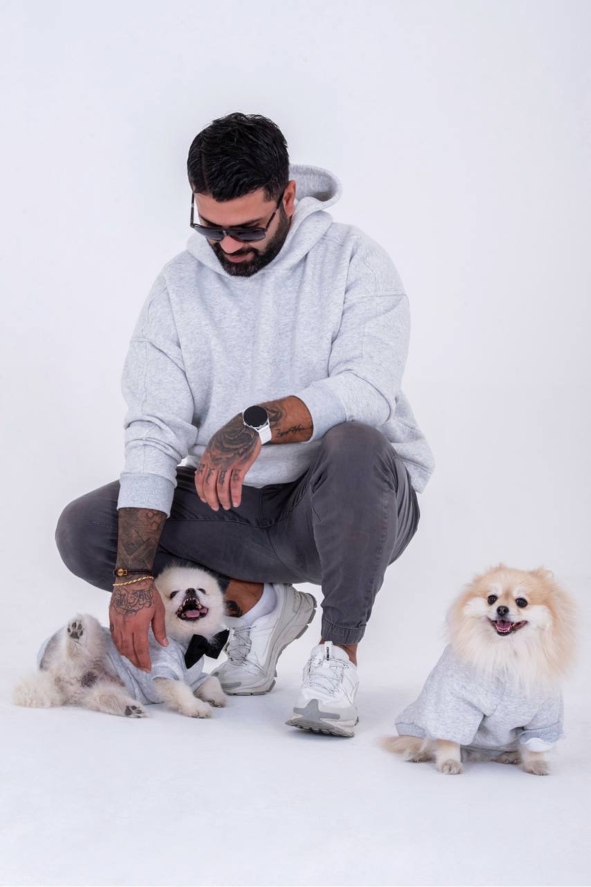 ست سویشرت کلاه‌دار هماهنگ پا بوتیک Paw Butik برای خانم، آقا و حیوان خانگی، طوسی، سایز S/M (حیوان خانگی S)