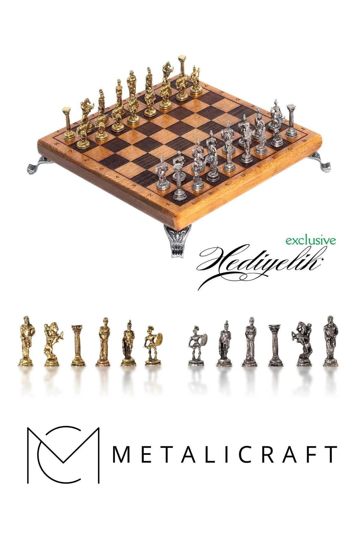 شطرنج ست فلزی دست ساز MC59 با فیگورهای بیزانس تخته چوب راش هدیه لوکس Metalicraft