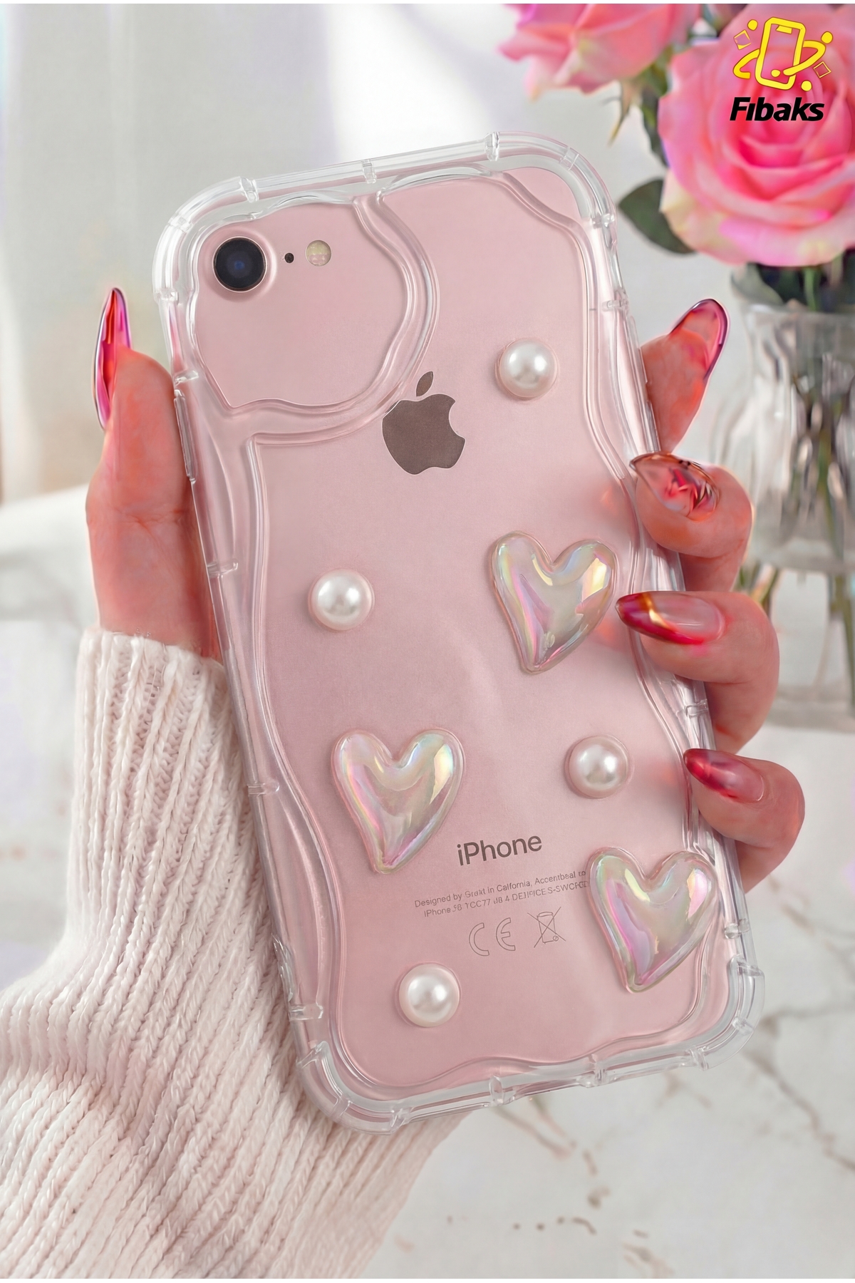 کاور و قاب روکش سیلیکونی طرح دار با مروارید قلب سه بعدی APPLE IPHONE 7 8 SE 2020 2022 محافظ دوربین فیبکس Fibaks