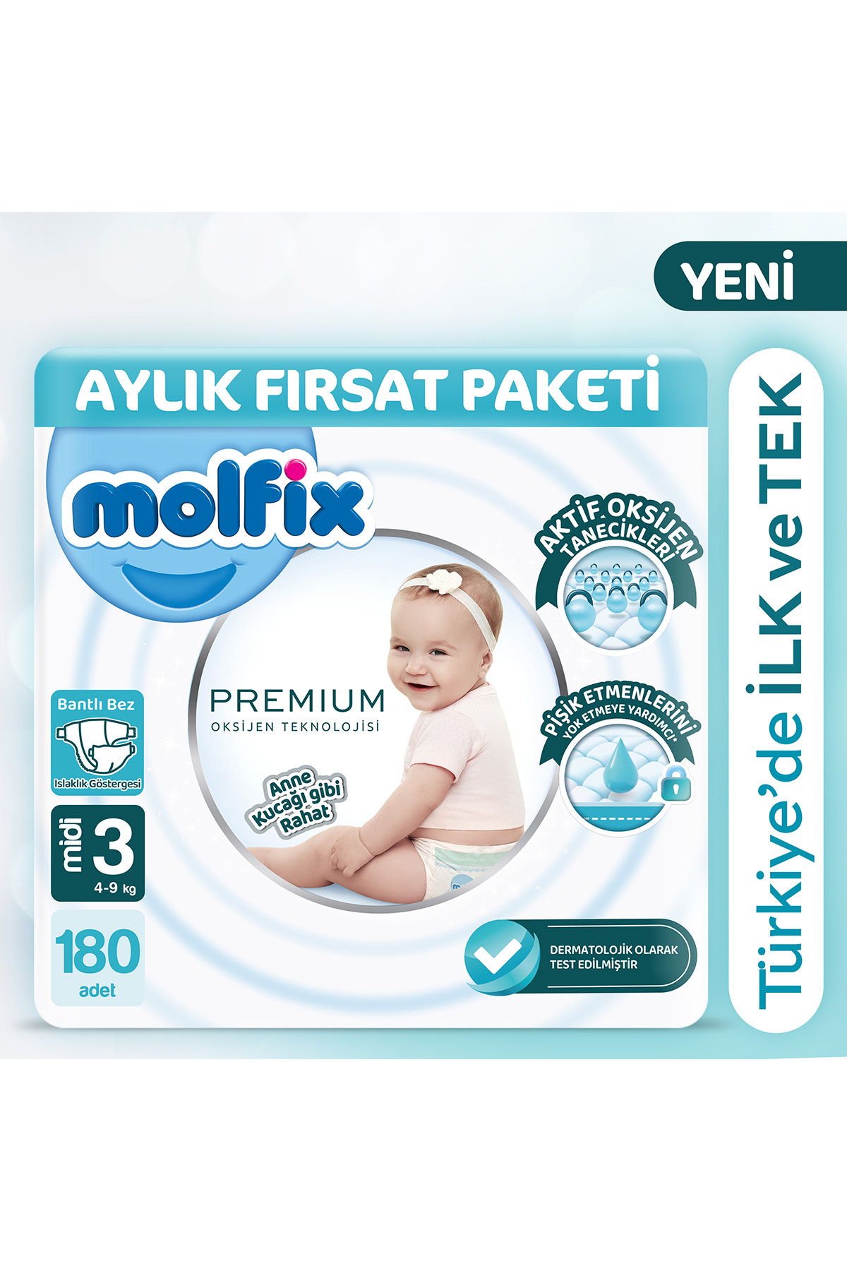 پوشک بچه پکیج فرصت ماهانه پرمیوم 3 سایز 180 عدد اورجینال Molfix
