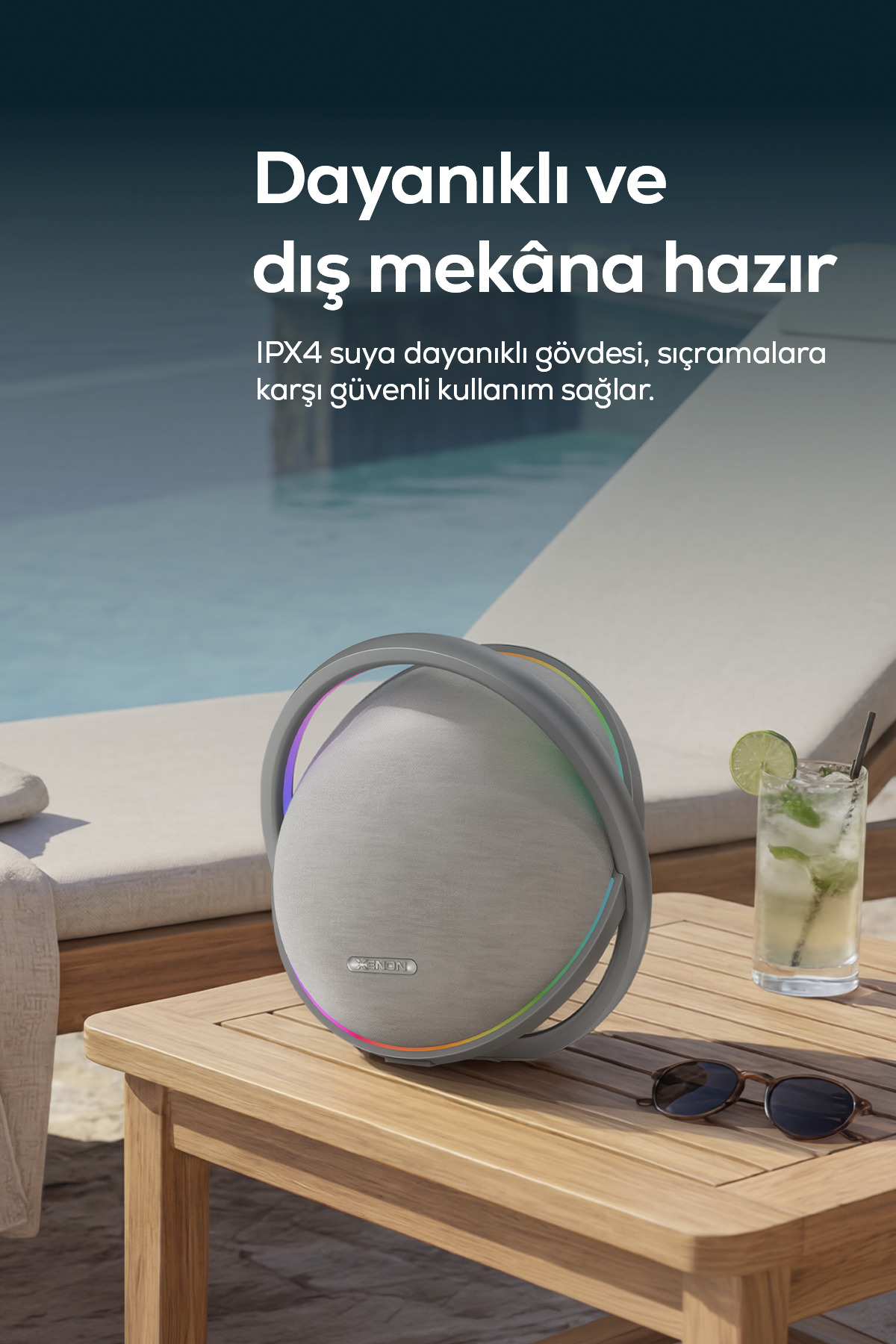 اسپیکر بلوتوثی زنون اسمارت Xenon Smart Aura، ۸۰ وات RMS، باتری ۱۲۰۰۰ میلی‌آمپرساعت، چراغ‌دار، TWS، IPX4، مدل X6710، خاکستری unisex