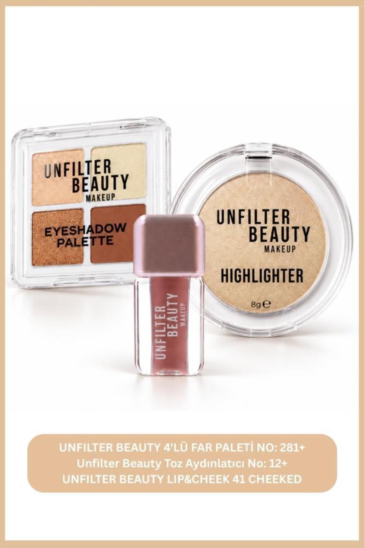 ست آرایشی آنفیلتر بیوتی Unfilter Beauty با پالت سایه ۴تایی شماره 281، هایلایتر شماره 12 و Lip&C چندرنگ