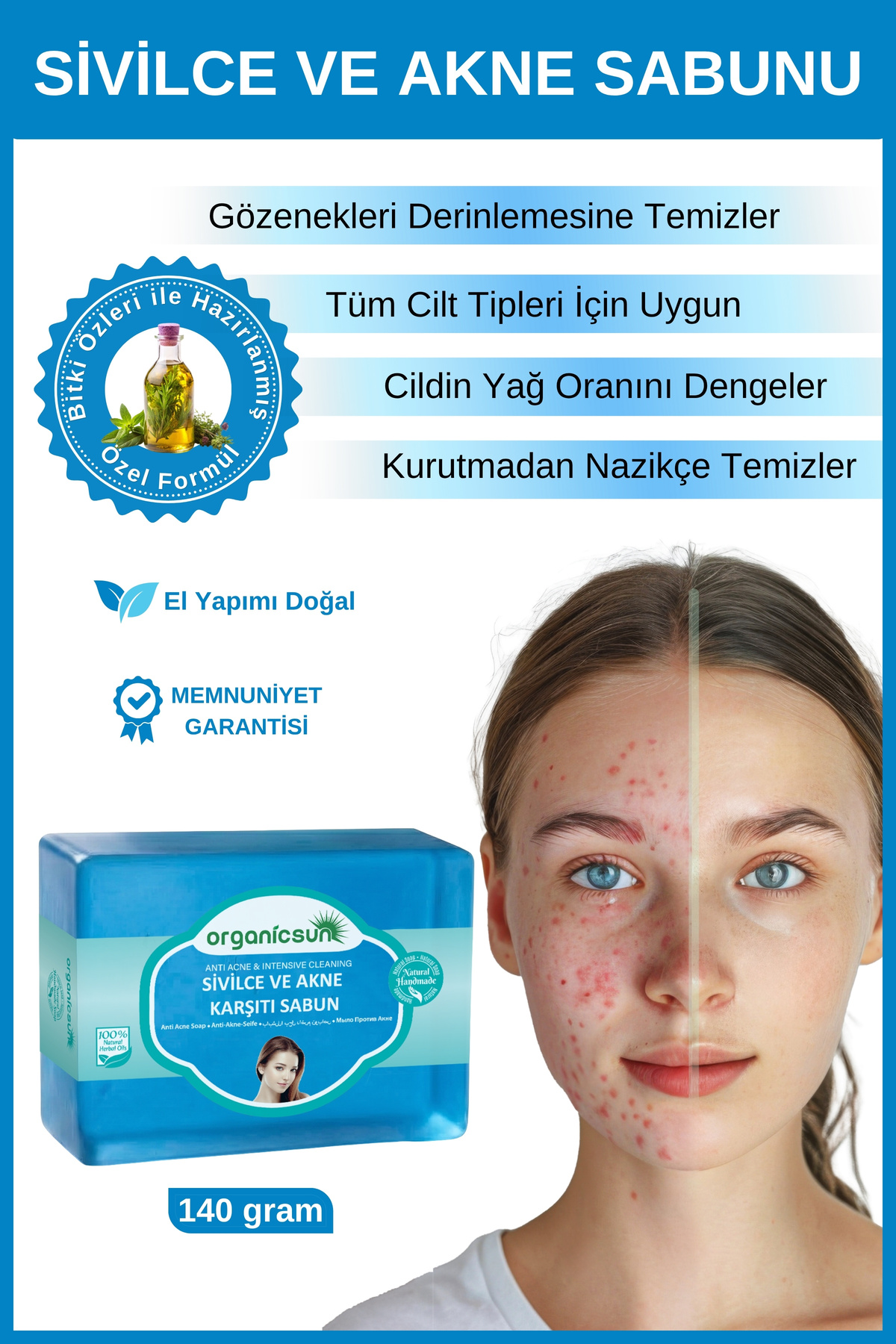 صابون طبیعی ضد آکنه و جوش ارگانیک سان ۱۴۰ گرم، صابون طبیعی برای انواع پوست Organicsun