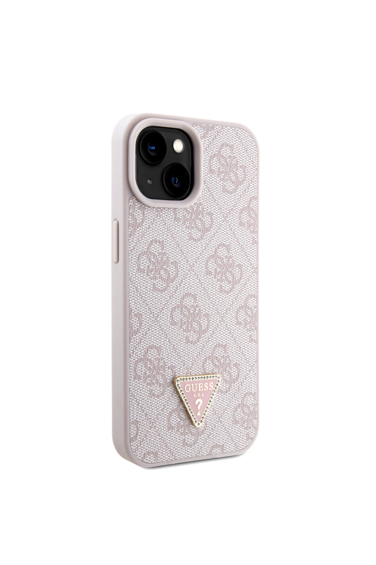 کاور و قاب IPHONE 15 CASE GUESS LICENSED PU LEATHERSTONEMETALTRIANGLELOGOCROSSBODYSTRAP 4G PATTERNED PINK اورجینال Guess