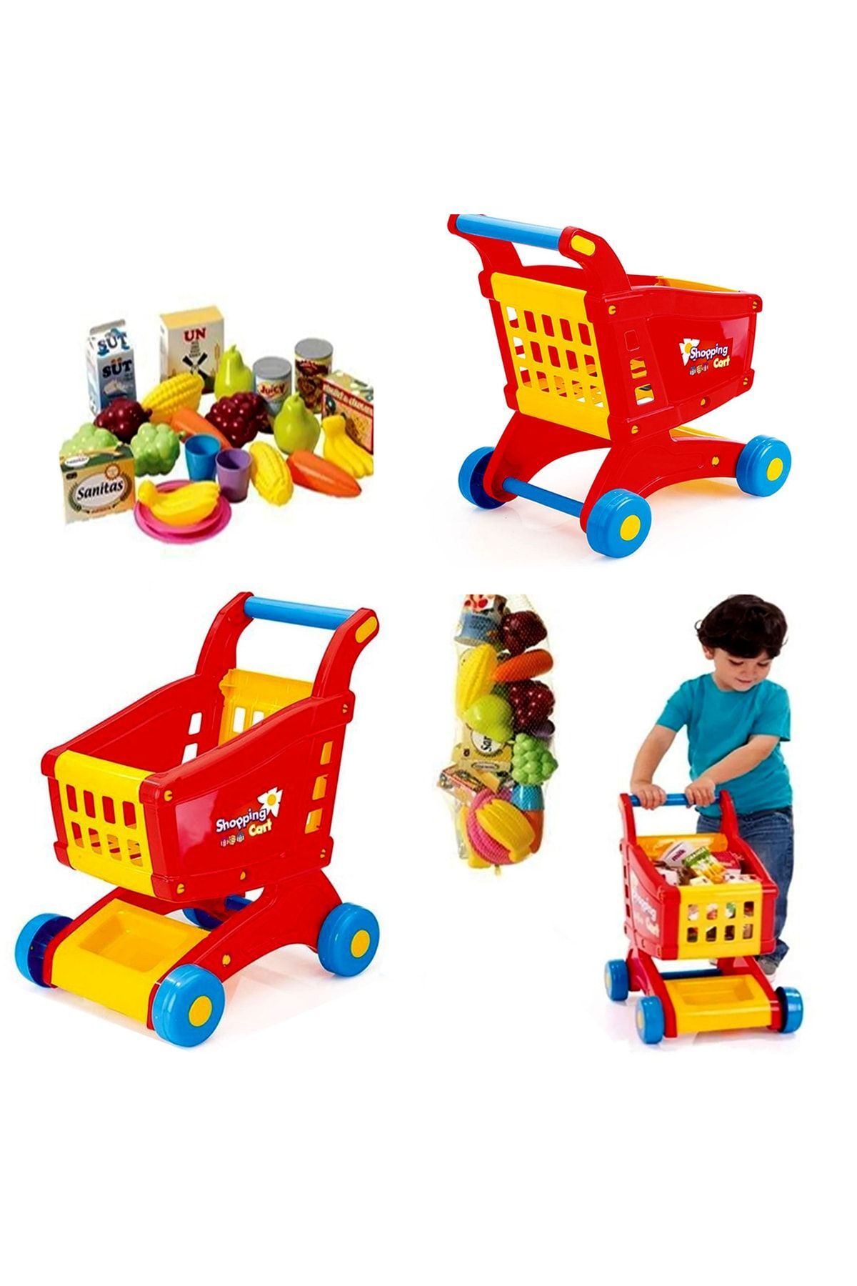 عروسک های اسباب بازی و لوازم جانبی QUALITY IS HERE MARKET TROLLEY + ست میوه سبزیجات توری 2 تایی از ترکیه SAZE