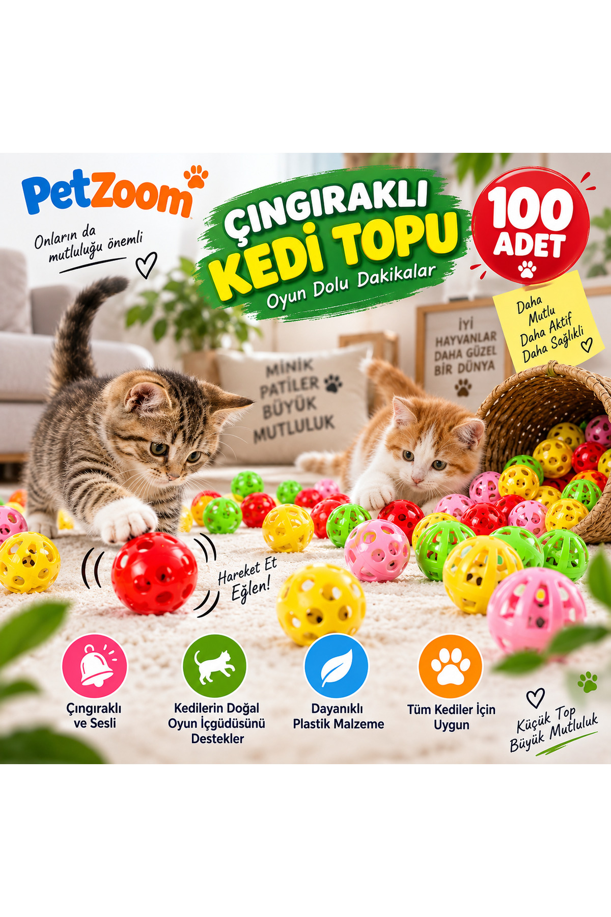 مجموعه ۱۰۰ عددی توپ زنگوله‌دار گربه پت‌زوم PetZoom