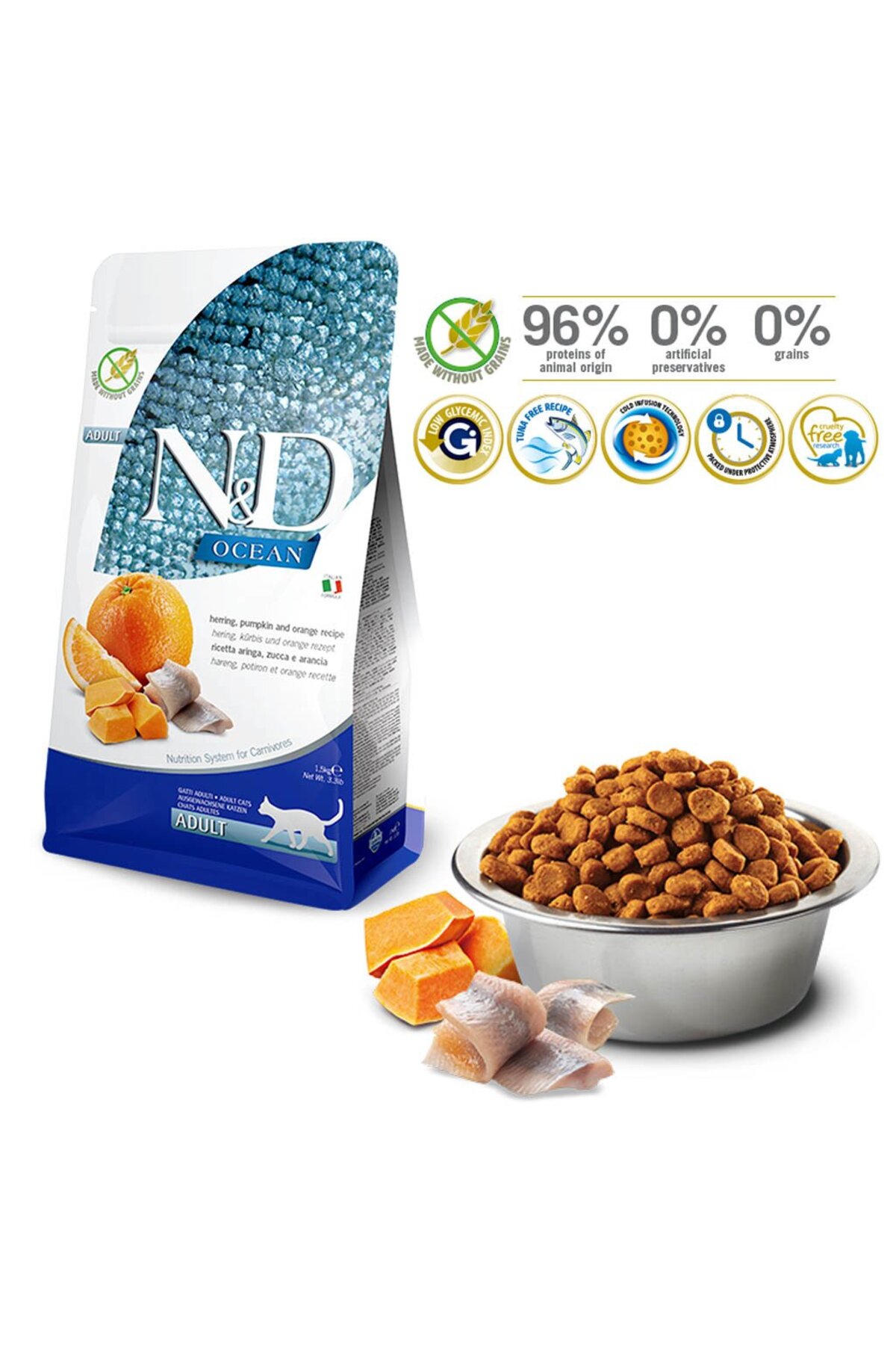 غذای خشک گربه بالغ با شاه‌ماهی و کدوحلوایی، ۱٫۵ کیلوگرمی ان‌اند‌دی N&D 1,5 KG