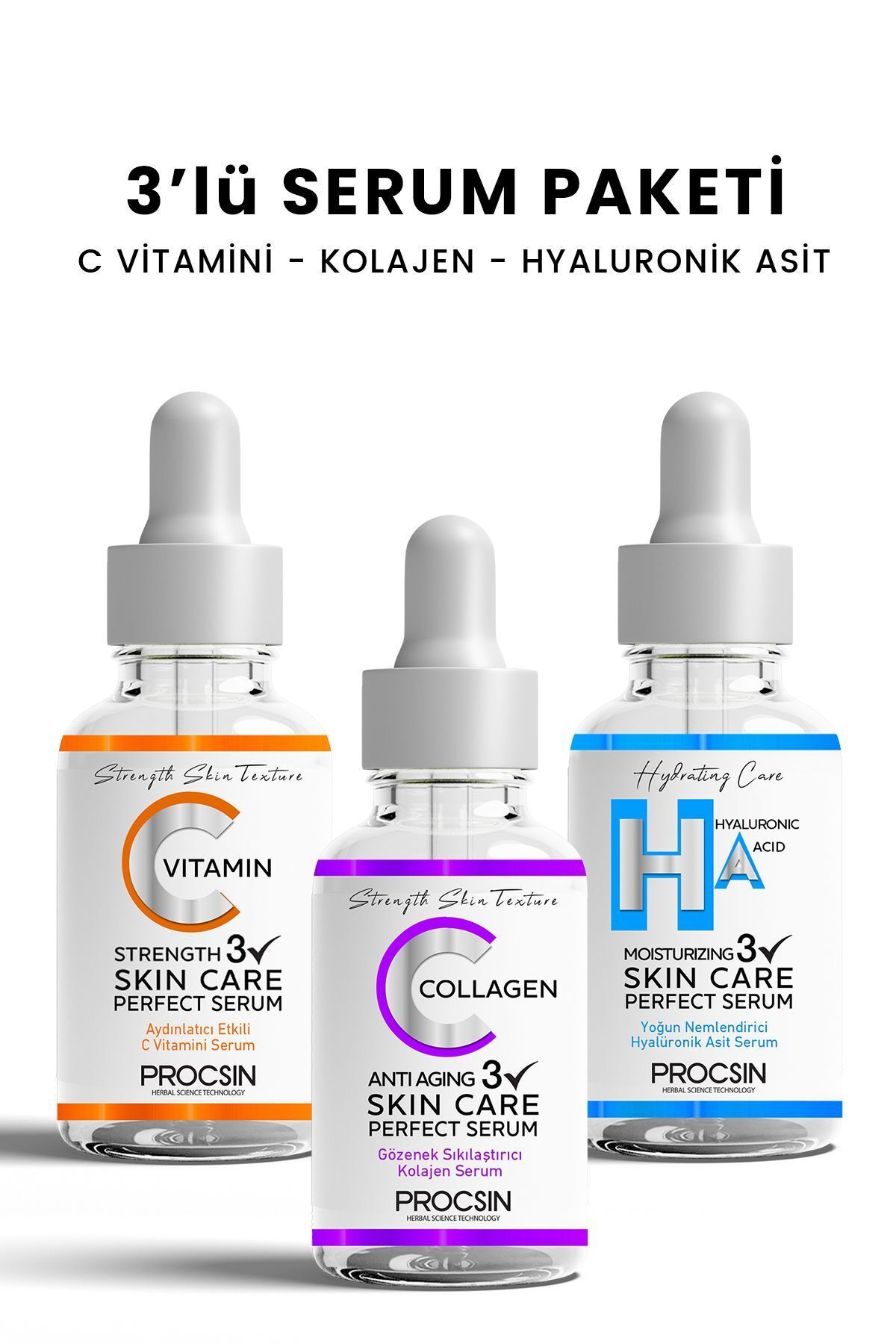 PROCSIN پکیج سرم سه‌گانه (سرم ویتامین C کلاژن سرم اسید هیالورونیک)