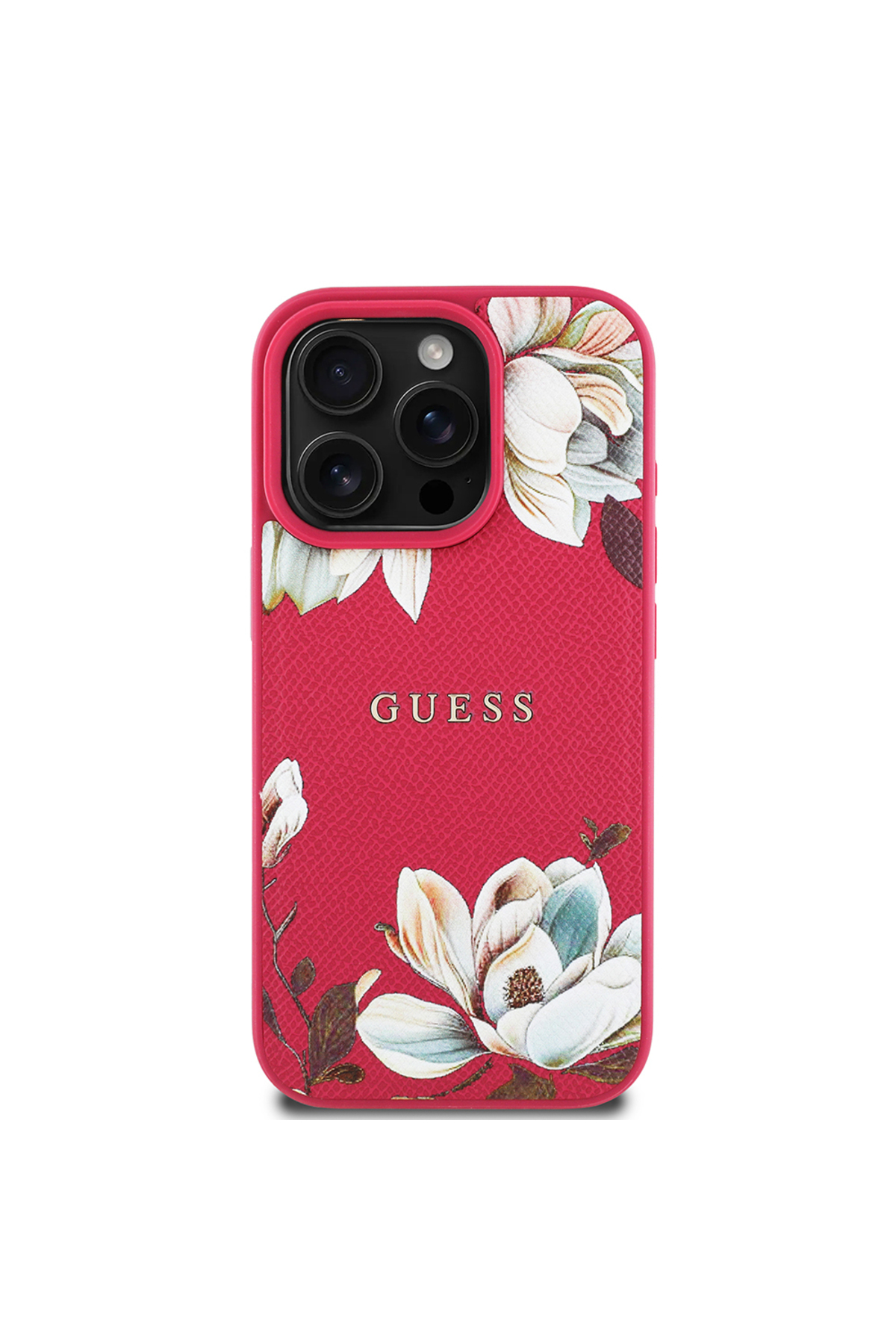 کاور و قاب IPHONE 16 PRO CASE GUESS COMPATIBLE MAGSAFE CHARGING COVER WITH FLOWER TEXT LOGO FUCHSIA اورجینال Guess