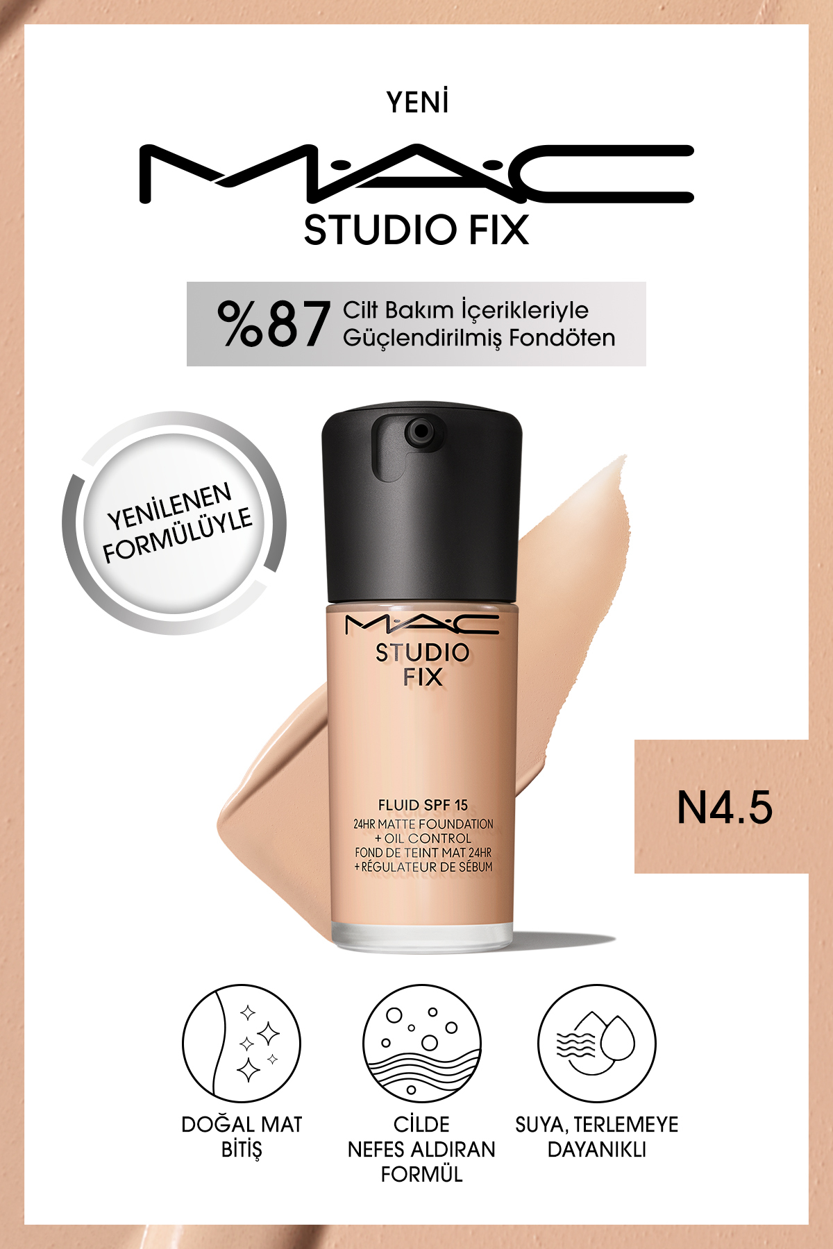 کرم پودر بنیاد دائمی مت تا 24 ساعت استودیو رفع سیال SPF15 رنگ: N4.5 30ML Mac