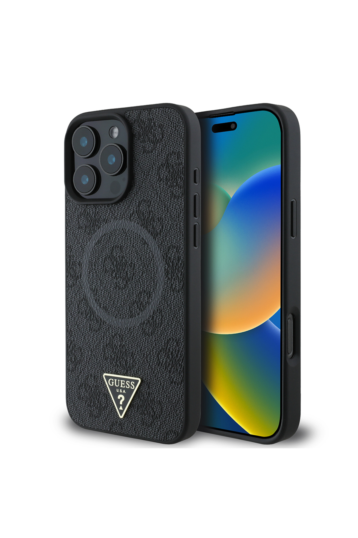 کاور و قاب IPHONE 16 PRO CASE GUESS LICENSED MAGSAFE CHARGING LOGO برجسته PU TRIANGLE 4G جلد مشکی طرح دار اورجینال Guess
