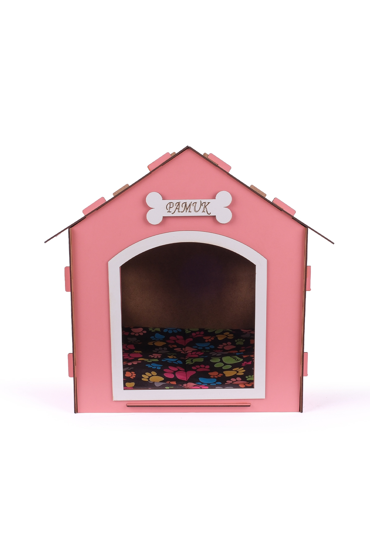 خانه سگ چوبی گوبی‌پت GOBYPET با چاپ نام، صورتی، مناسب نژادهای کوچک