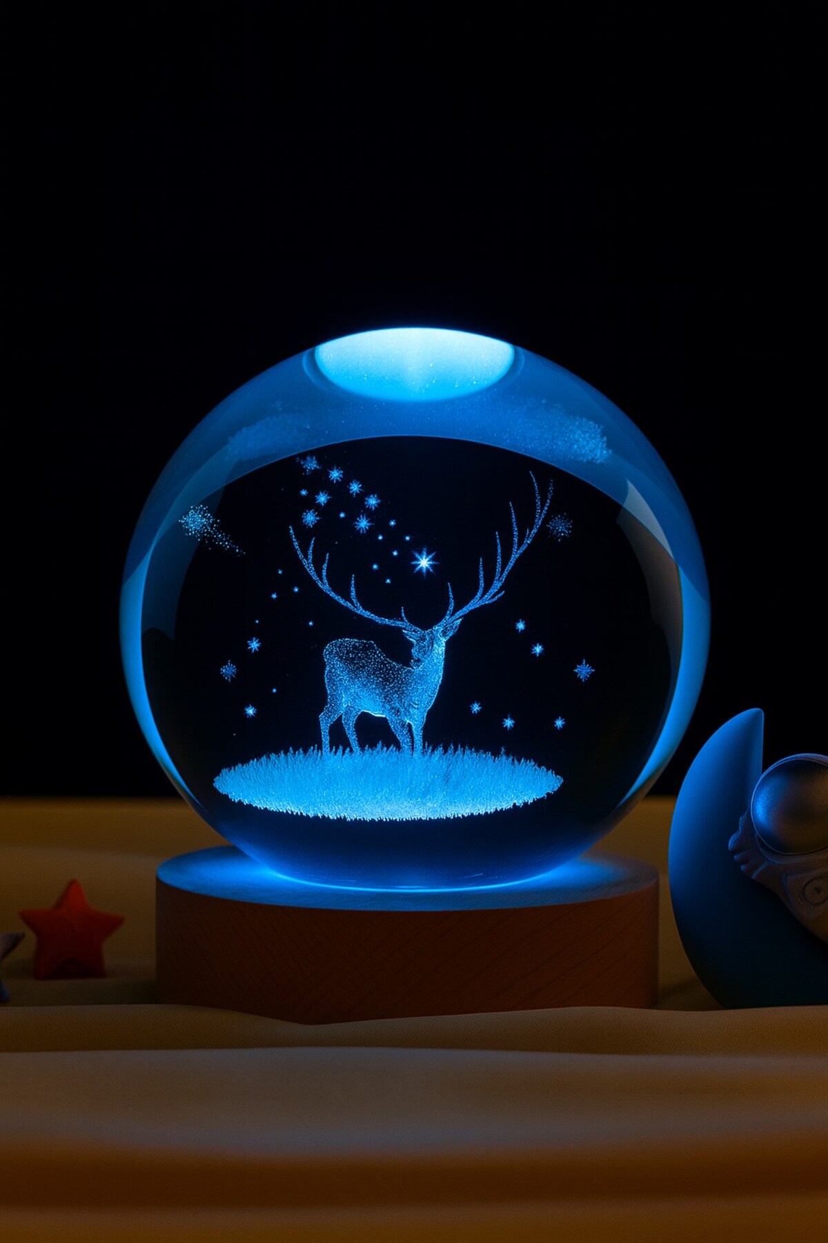 گوی برفی چراغ شب روشن LED شکل دار گوزن بلوری سه بعدی با USB و پایه چوبی تزئینی RGB از ترکیه BiTon Toptan