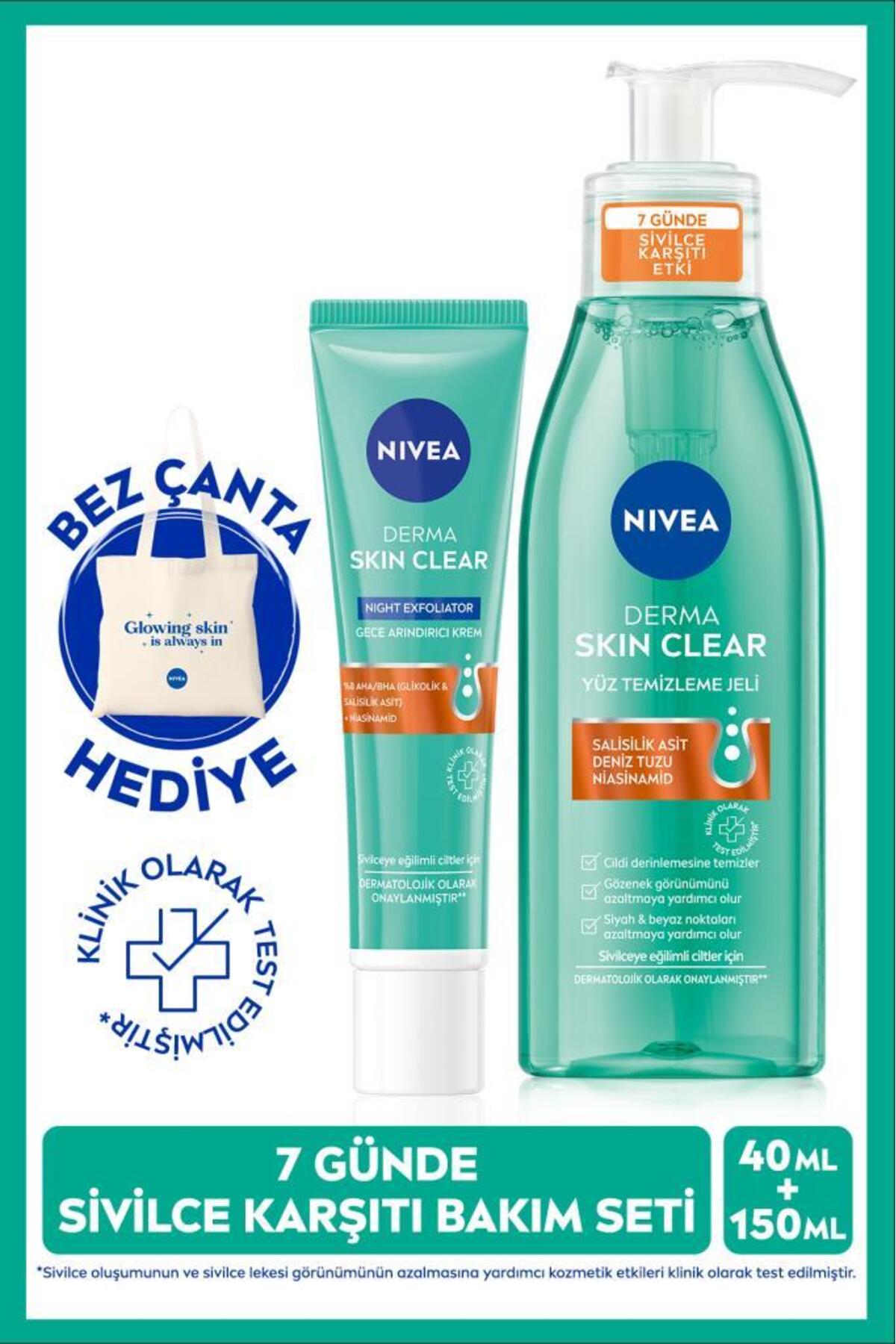 NIVEA ژل تمیزکننده ضد جوش Derma Skin Clear با حجم 150 میلی لیتر و کرم شب 40 میلی لیتر، هدیه کیف پارچه ای