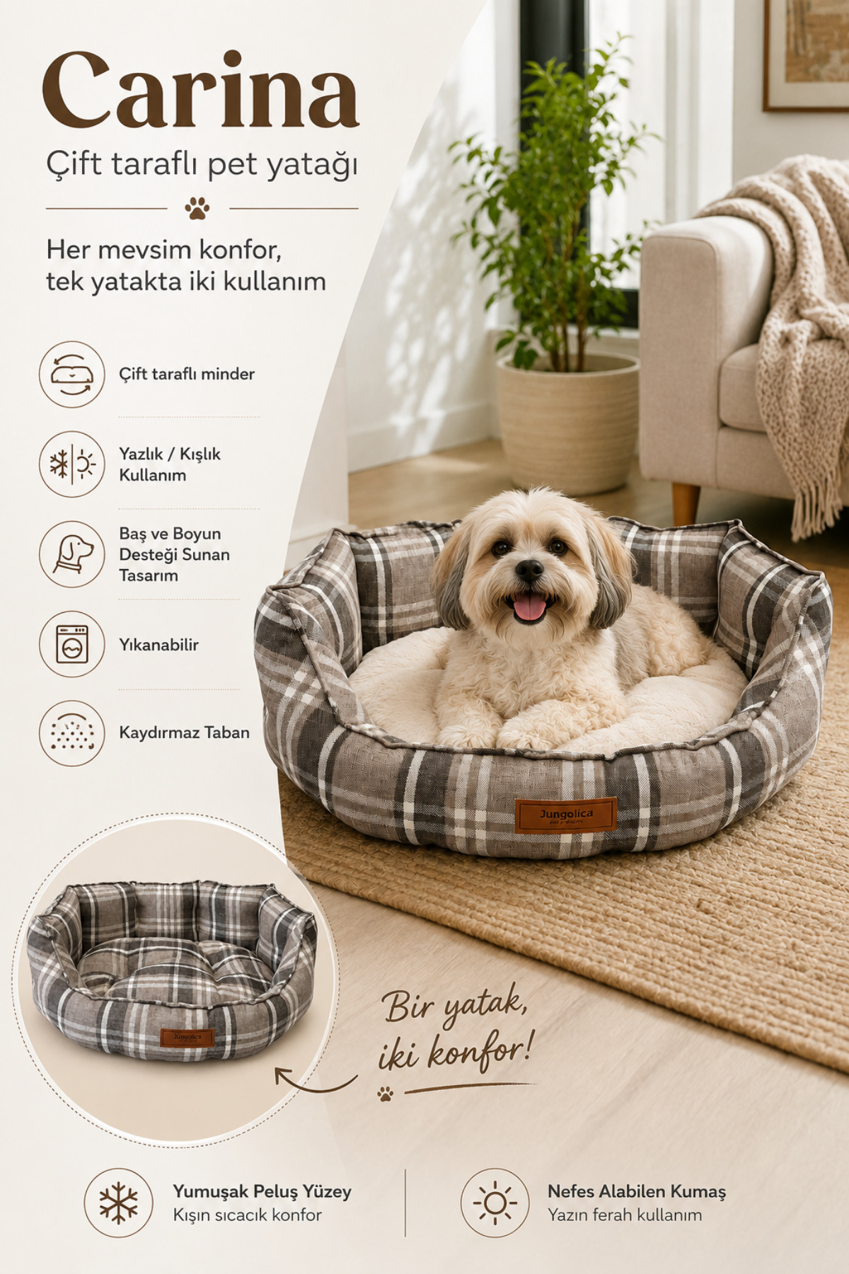 تخت دوطرفه گربه و سگ جانگولیکا پت پروداکتس Jungolica Pet Products Carina، بژ، مناسب همه نژادها
