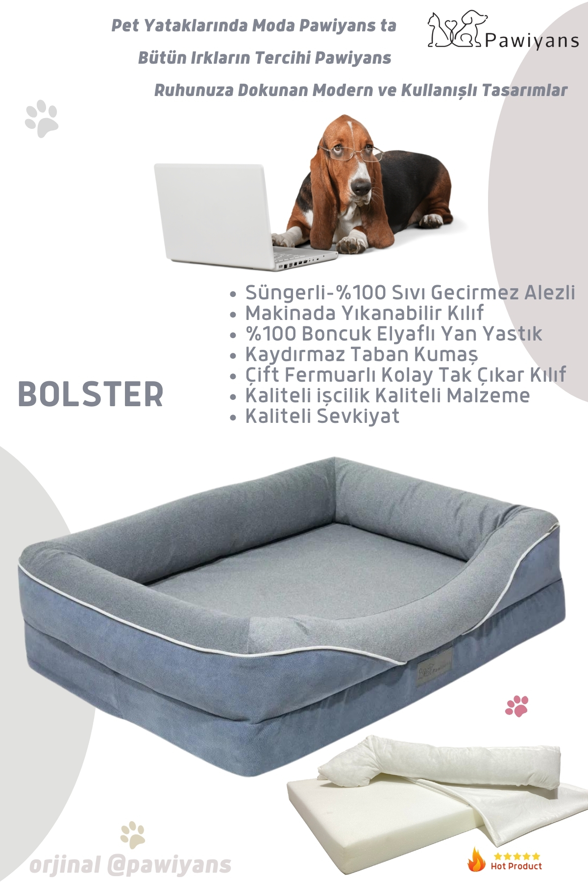 تخت سگ پاویانس PAWİYANS مدل P10289، فومی با روکش و لایه ضدآب آبی