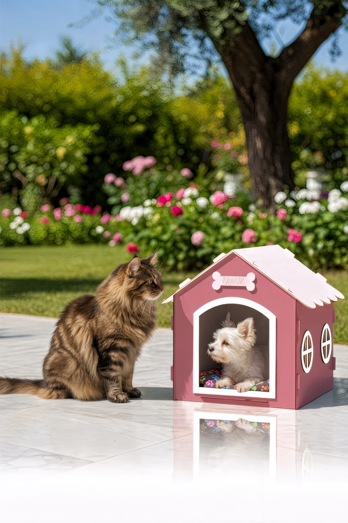 خانه سگ چوبی گوبی‌پت GOBYPET با چاپ نام، صورتی، مناسب نژادهای کوچک