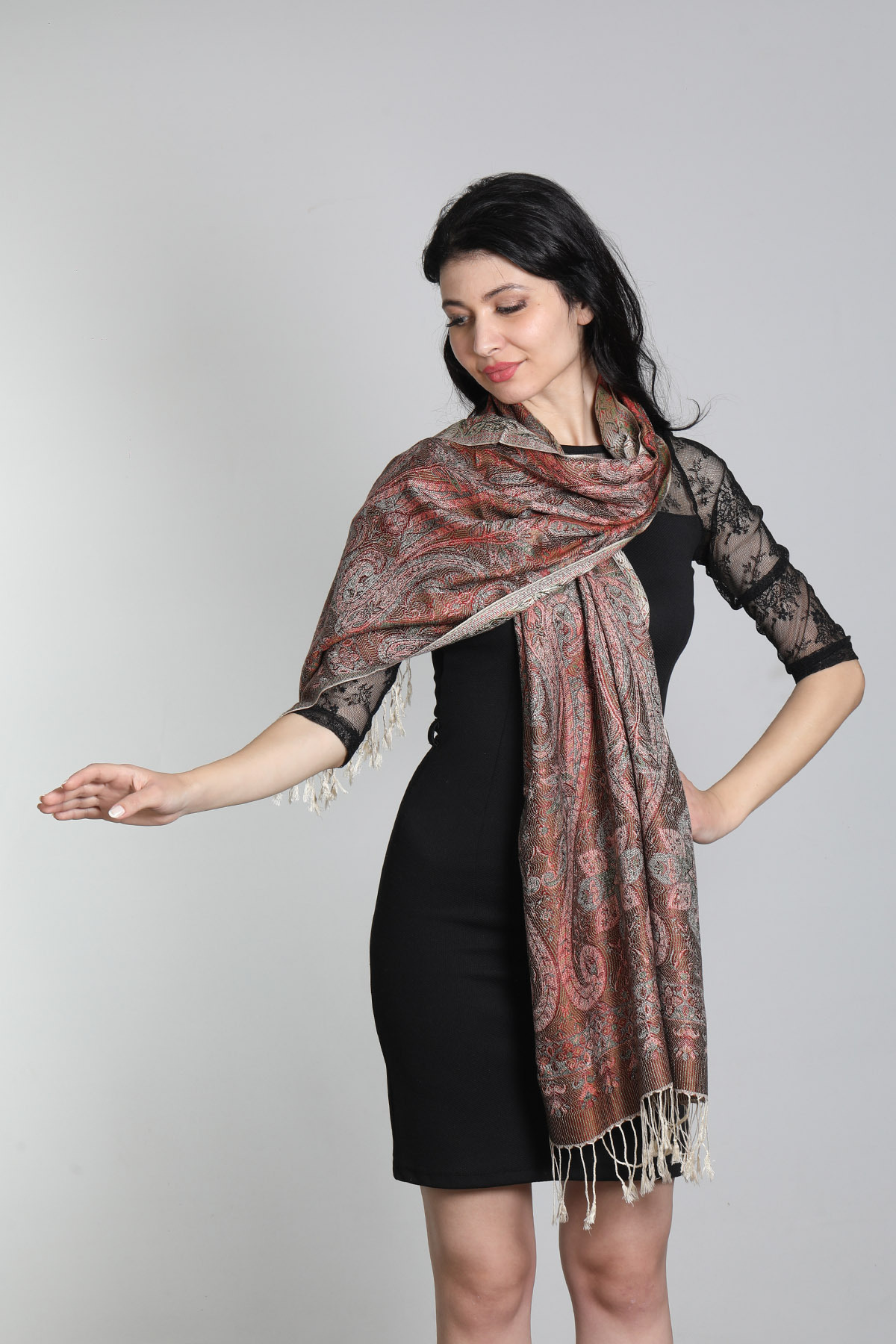 شال زنانه دوطرفه ابریشم ۱۰۰٪ دودی چندرنگ میستیک Mystic، مدل MS-411
