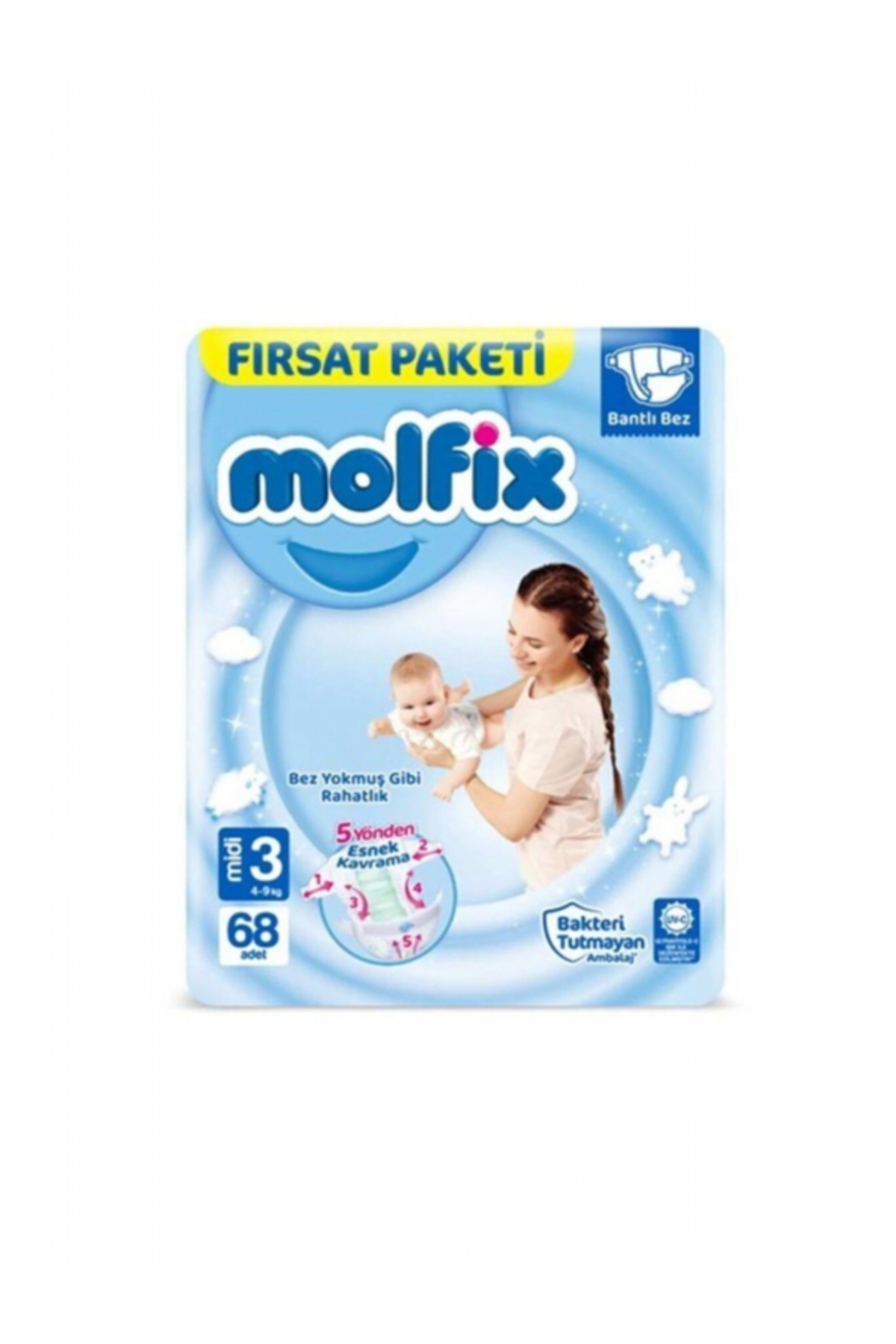 پوشک بچه بسته فرصت سایز متوسط ​​3 4 9 کیلویی 68 پارچه نواری اورجینال Molfix