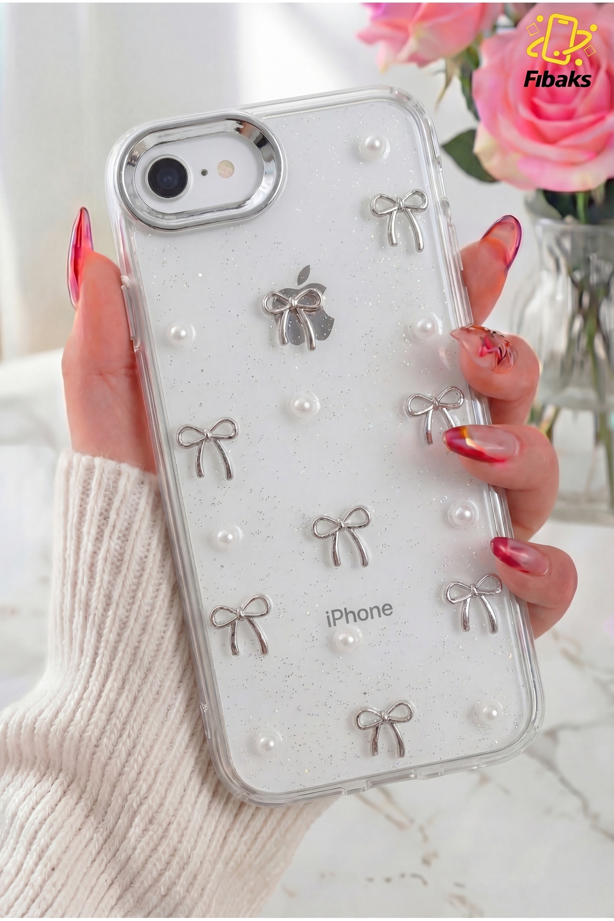 کاور و قاب دوربین APPLE IPHONE 7 8 SE 2020 2022 پاپیون شفاف نقره‌ای با طرح روی جلد براق فیبکس Fibaks