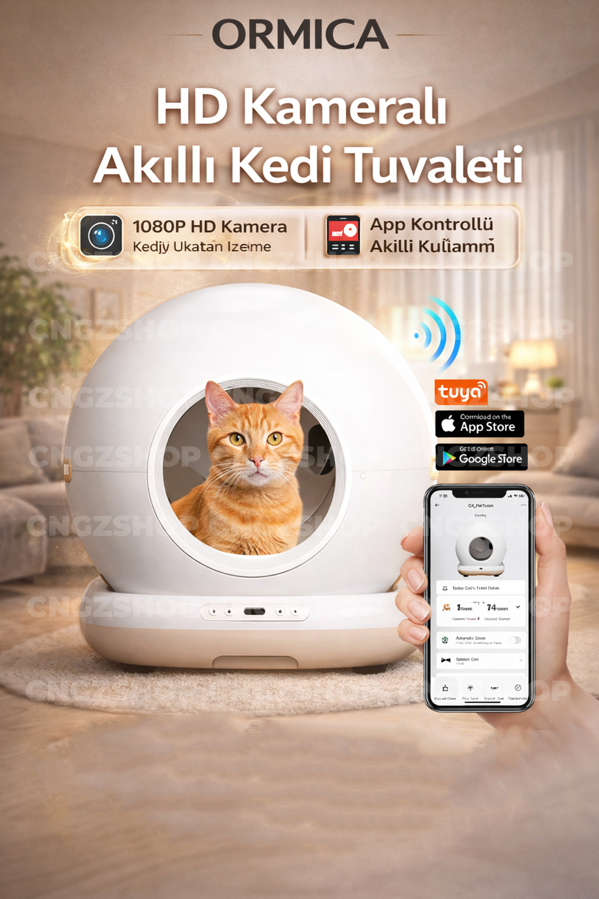 توالت هوشمند خودکار گربه سی‌ان‌جی‌زد‌شاپ CNGZSHOP، چندرنگ، با دوربین و کنترل اپلیکیشن