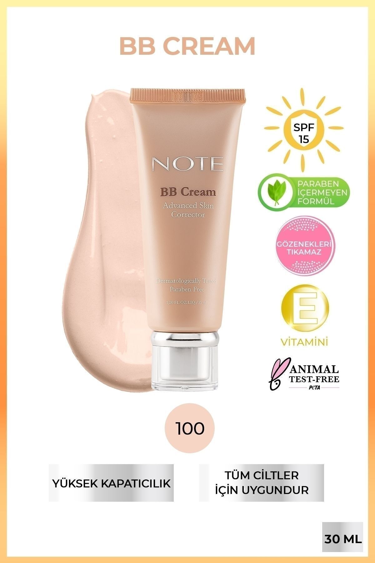 کرم بی و سی BB CREAM SPF 15 کانسیلر شدید با اثر مرطوب کننده 100 PORCELAIN Note Cosmetics