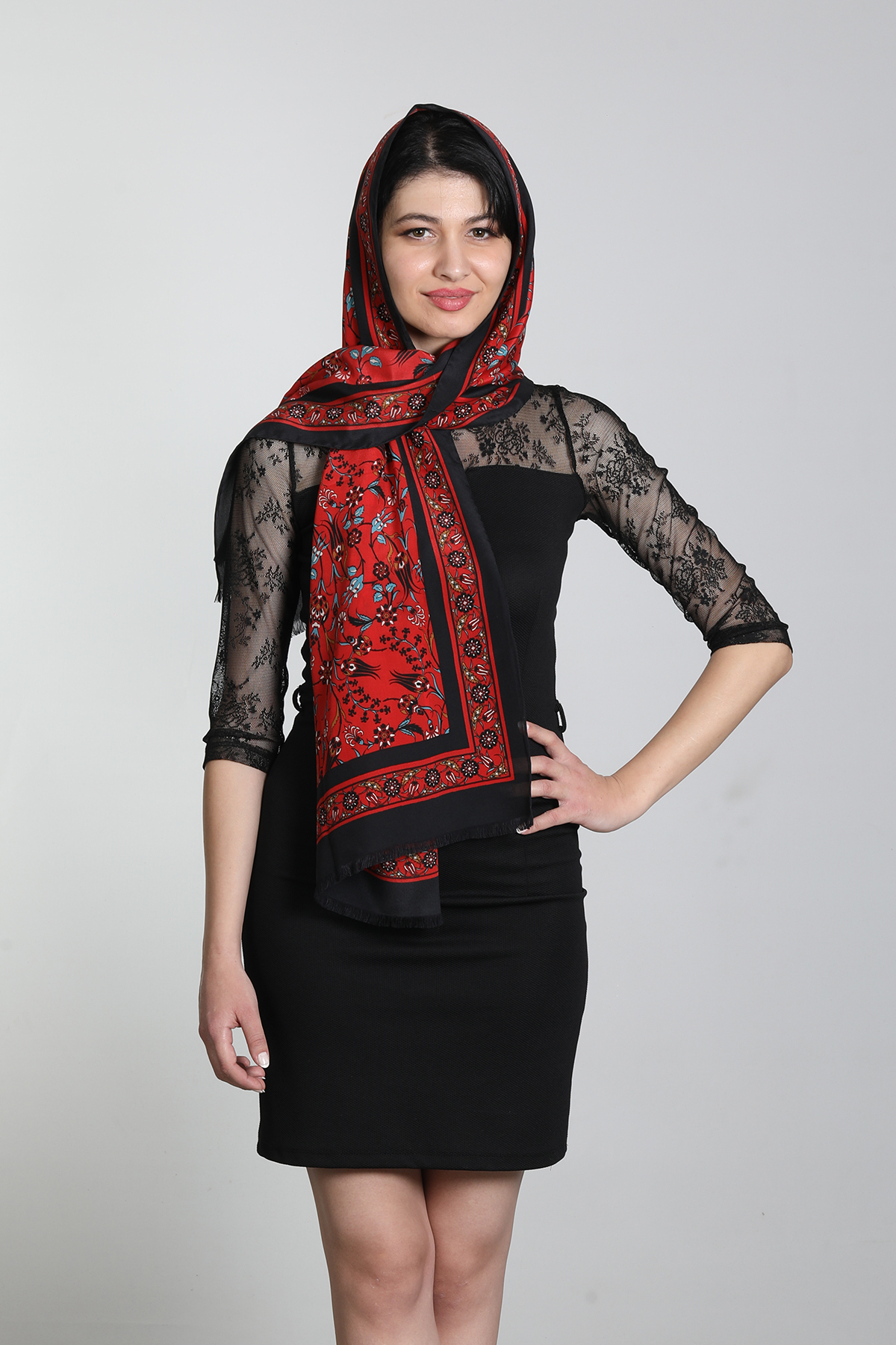 شال زنانه میستیک Mystic مدل MS-311، قرمز و سرمه‌ای، ابریشم مدینه